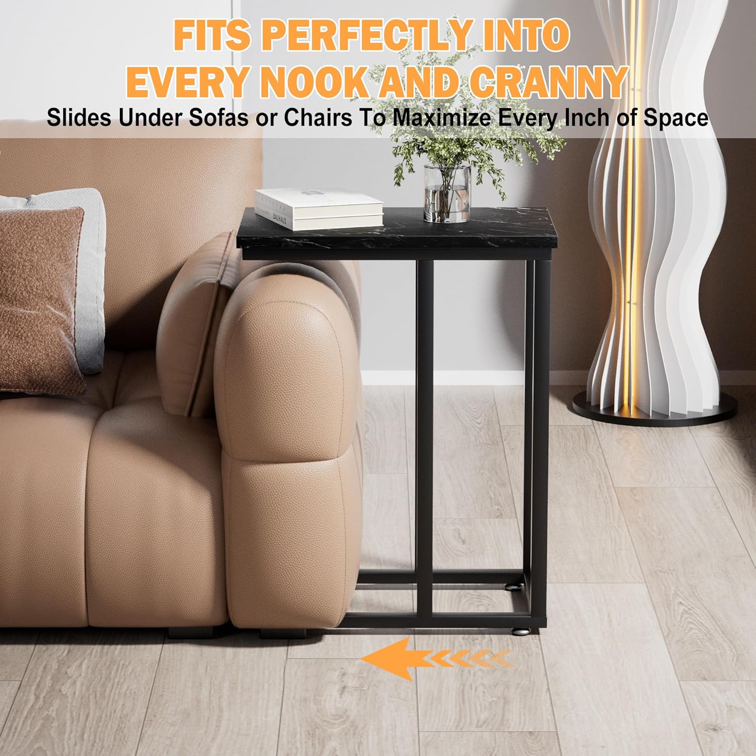 VECELO Universal C-Shaped Side Table, Multi-Functional Snack & TV Tray for Living Room, Bedroom, Black Marble (2 Set)