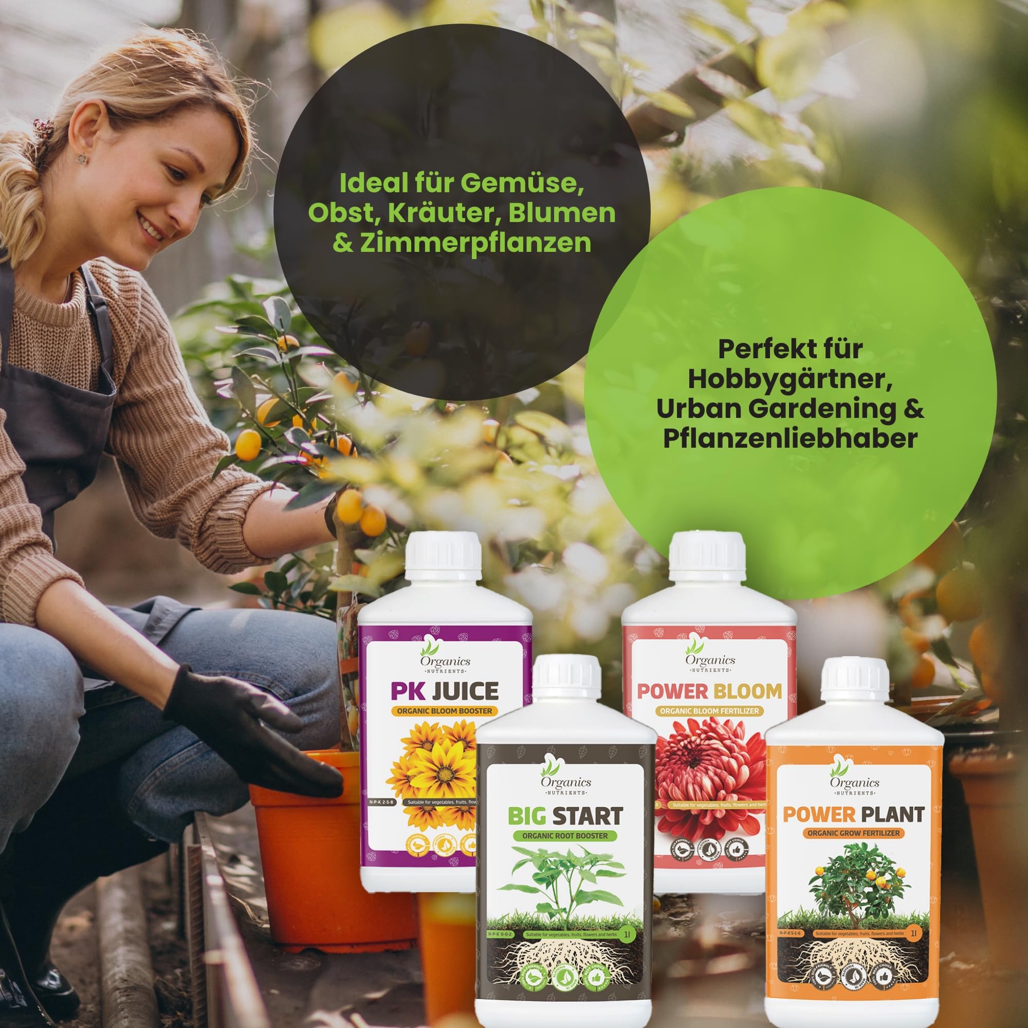 Organischer Flüssigdünger Set – Big Start, Power Plant, Power Bloom & PK Juice – Bio Flüssigdünger für Gemüse & Pflanzen (1 L)