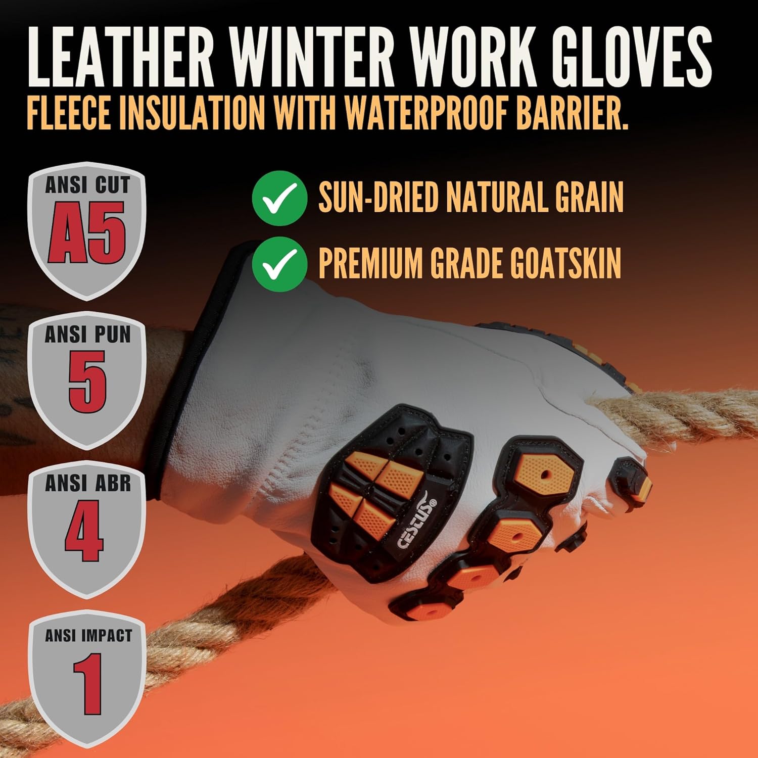 Cestus 5219, Leather Winter Work Gloves for Men, Fleece Insulated for Cold Weather, ANSI A5 Cut-Resistant Impact Gloves