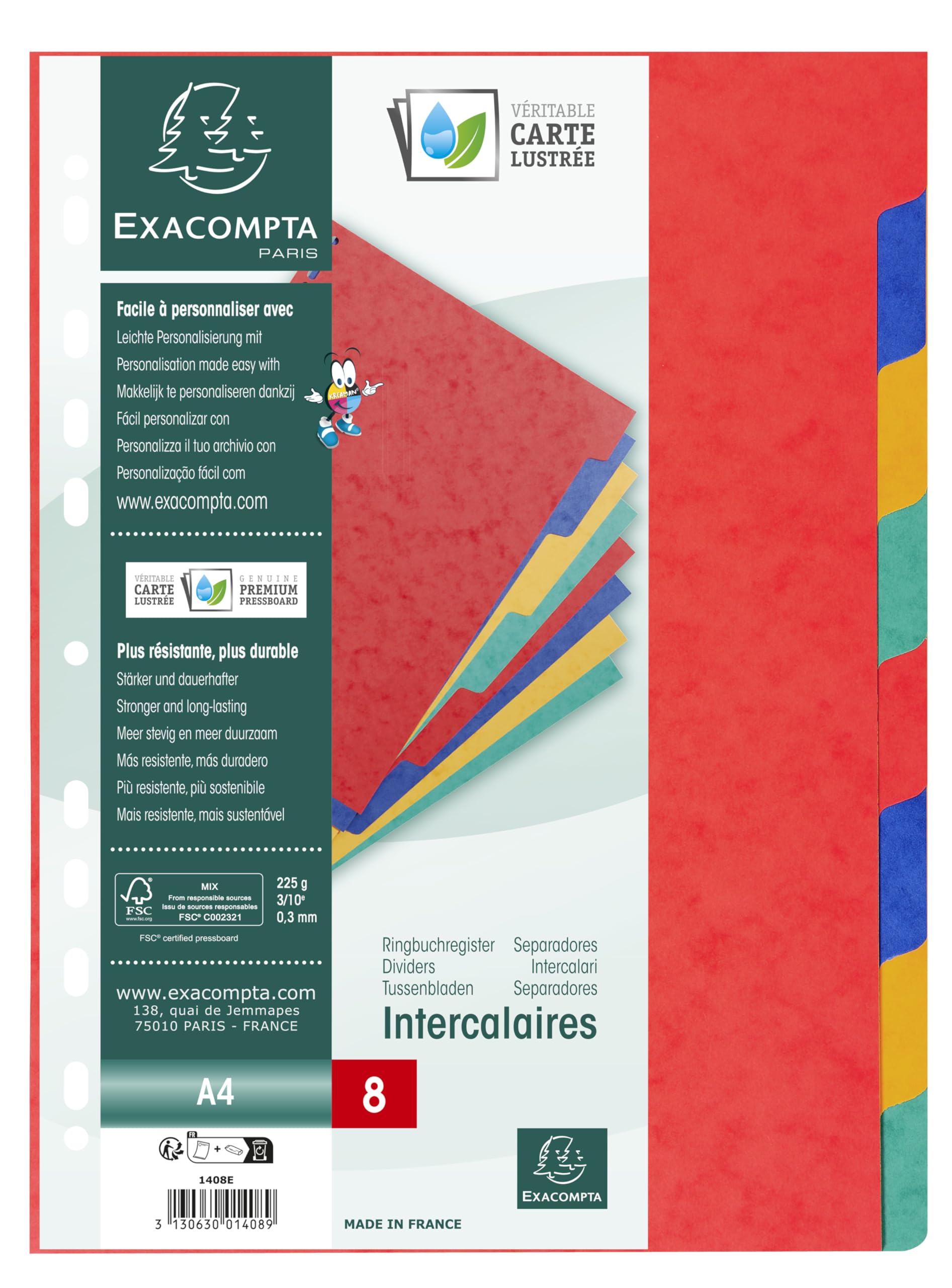 Exacompta 1408E 25er Pack Premium-Register für DIN A4 aus starkem Colorspankarton 8-teilig volle Höhe 22 x 29,7 cm vollfarbig 2 x 4 Farben mit Indexseite zum selbstgestalten Trennblätter