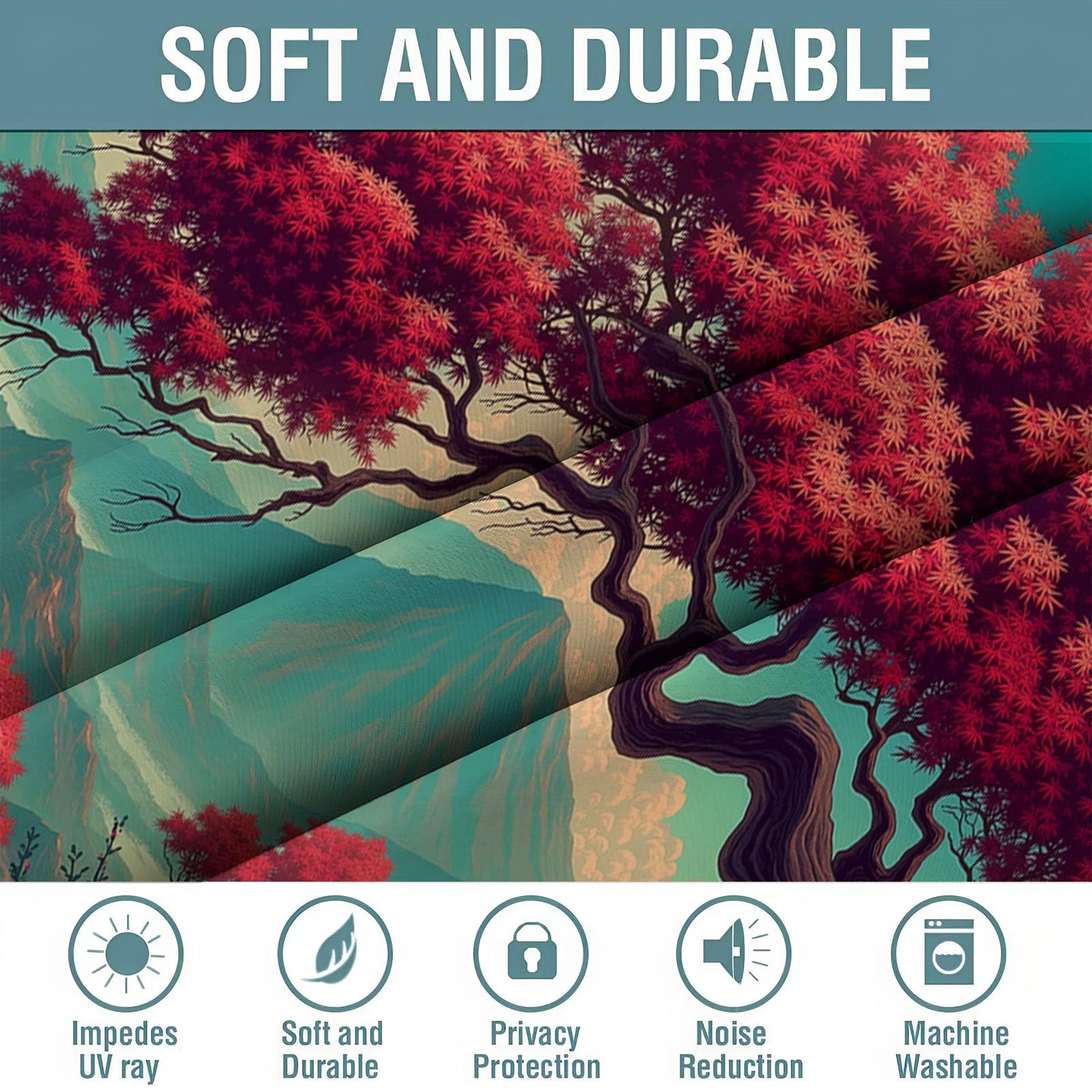 95% Rideau Occultant,Vert Clair Rideaux Occultant Thermiques à Oeillets,Rideau Opaque imprimés Japonais Plantes Rétro Érable Rouge Decoration pour Enfant Chambre,140x240 cm (2 Panneaux)