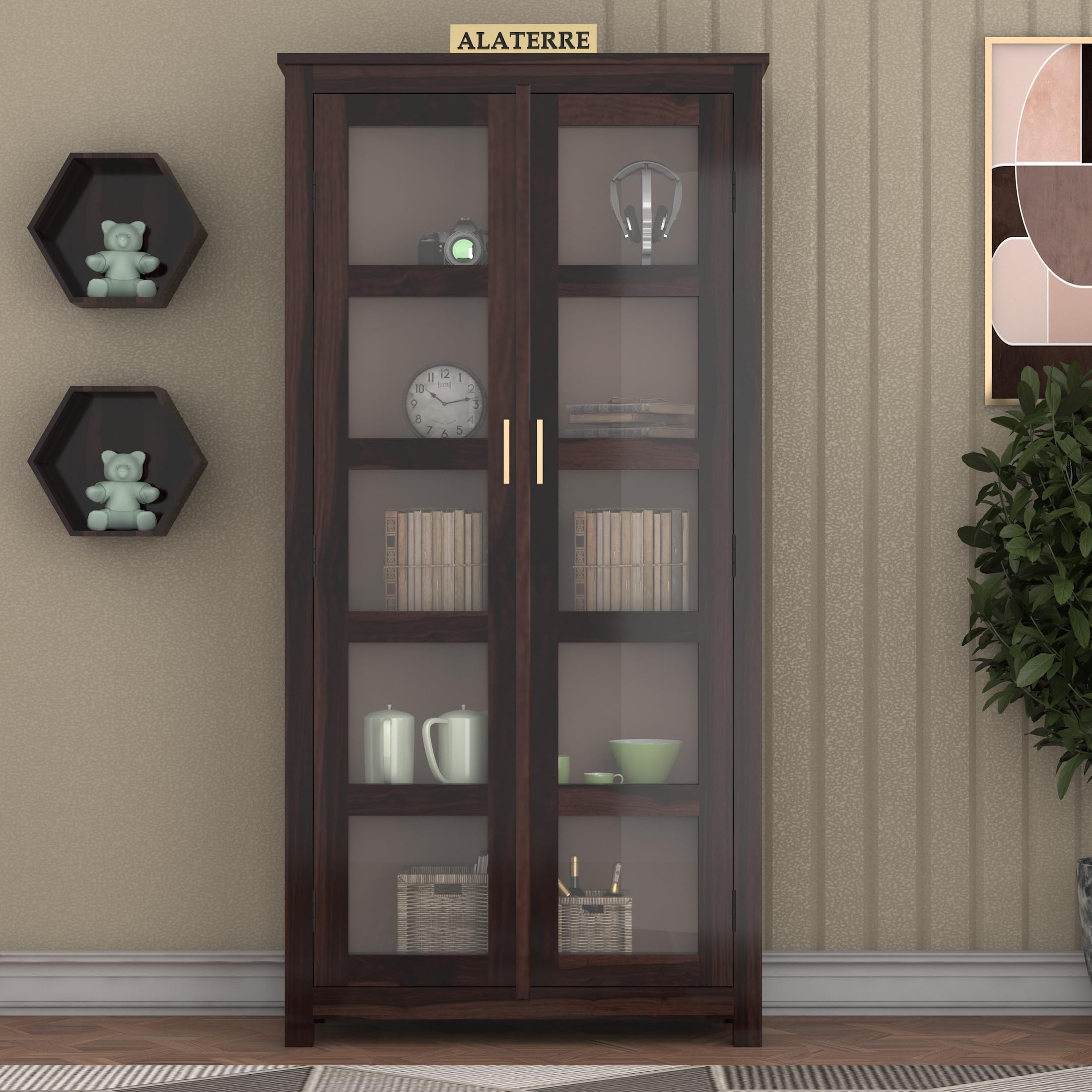 VISHNU ART AND CRAFT Wood Book Shelf with Glass Door, Wooden BookCases for Home Library, Crockery Units, Kitchen Cabinet Storage, Book Rack, Home & Office, Almirah, Bookshelves, Walnut Finish-image-27
