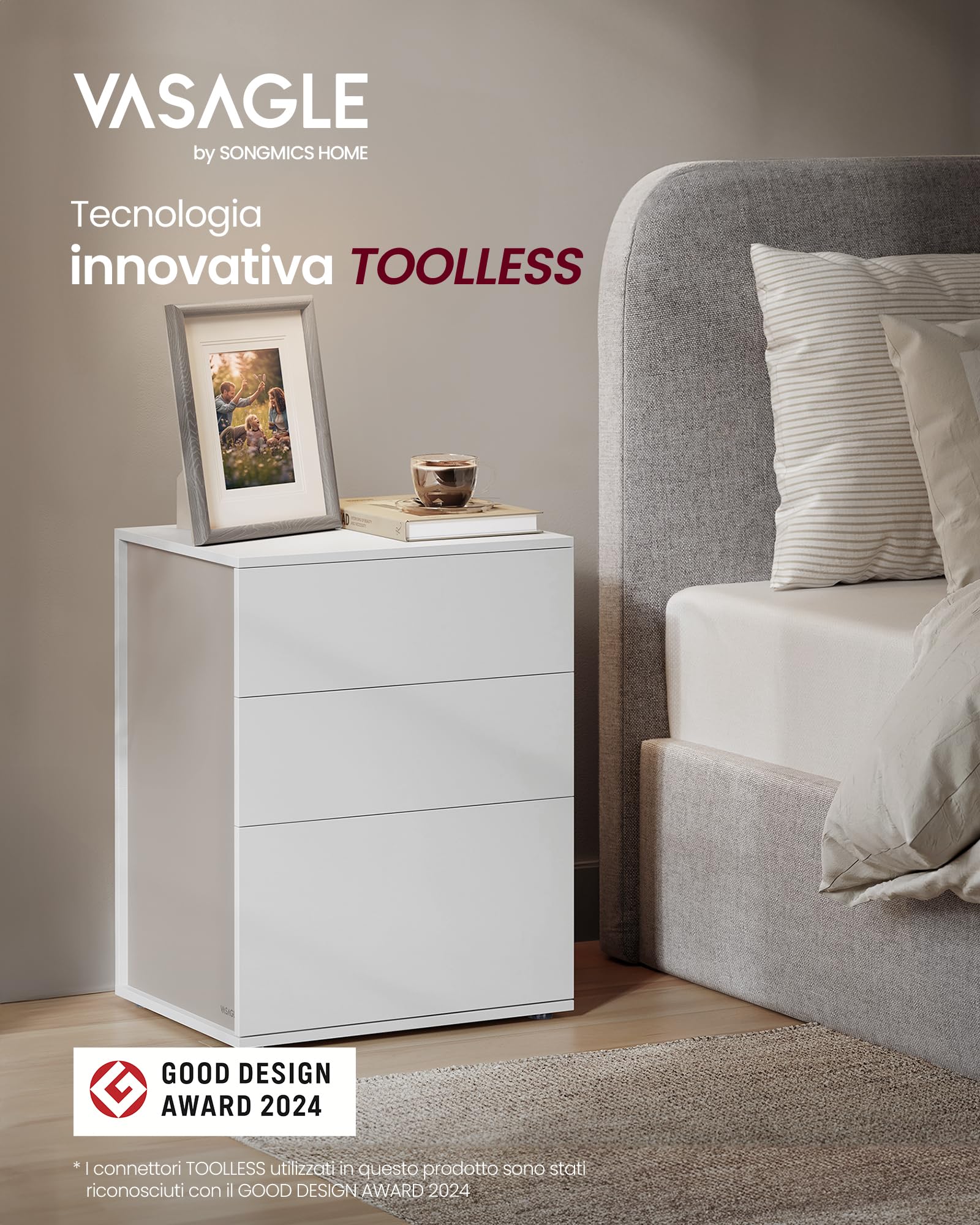 VASAGLE Comodino, Montaggio Rapido Senza Attrezzi Toolless, Tavolino da Letto con 3 Cassetti, Moderno, per Camera da Letto e Soggiorno, Bianco Opaco e Beige Cappuccino LET778W01