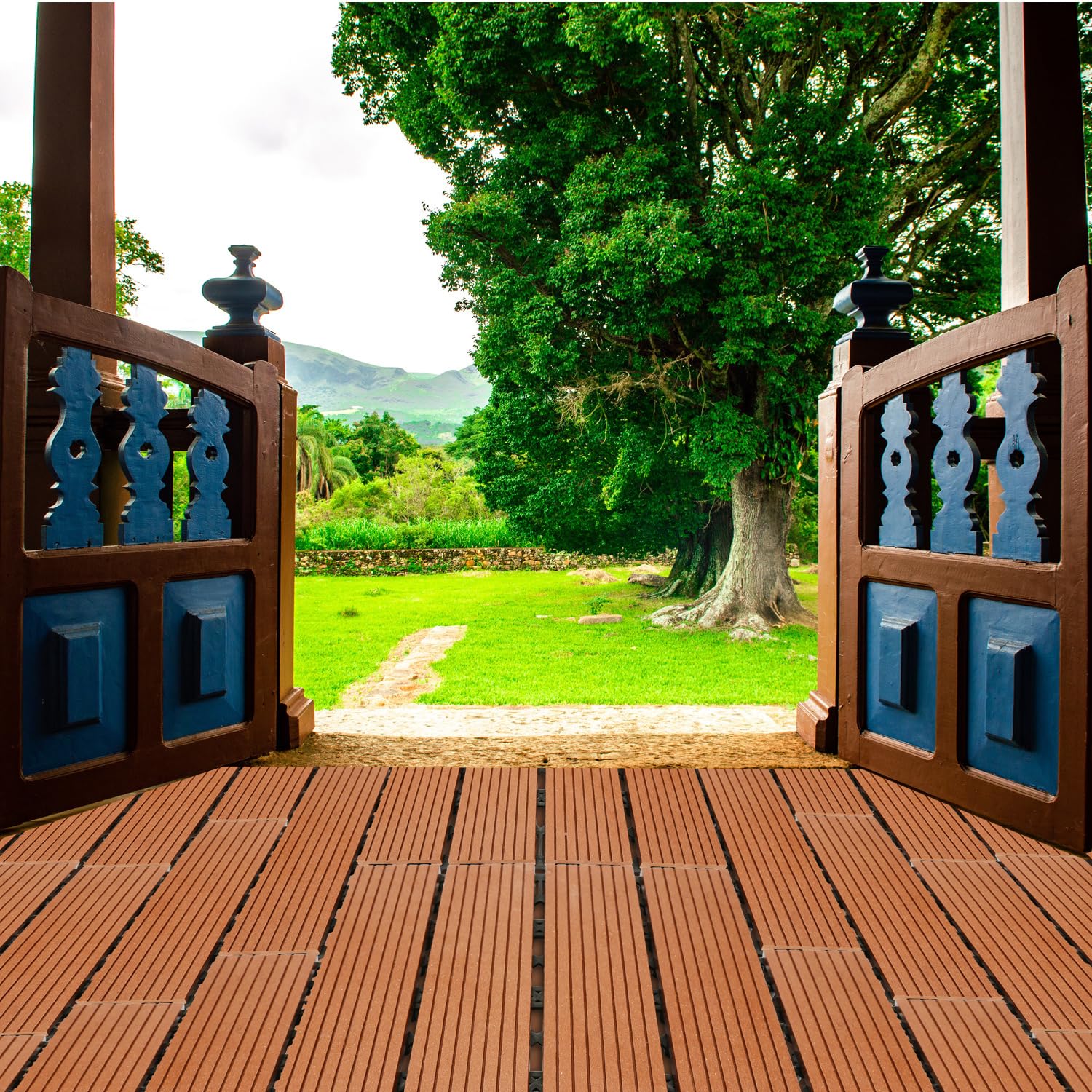Piastrelle per terrazze, piastrelle a clic, terrazze e balconi in 30 x 60 cm, colore marrone. Decking con drenaggio, 12 pezzi (2 m²) come rivestimento per pavimenti di facile manutenzione.