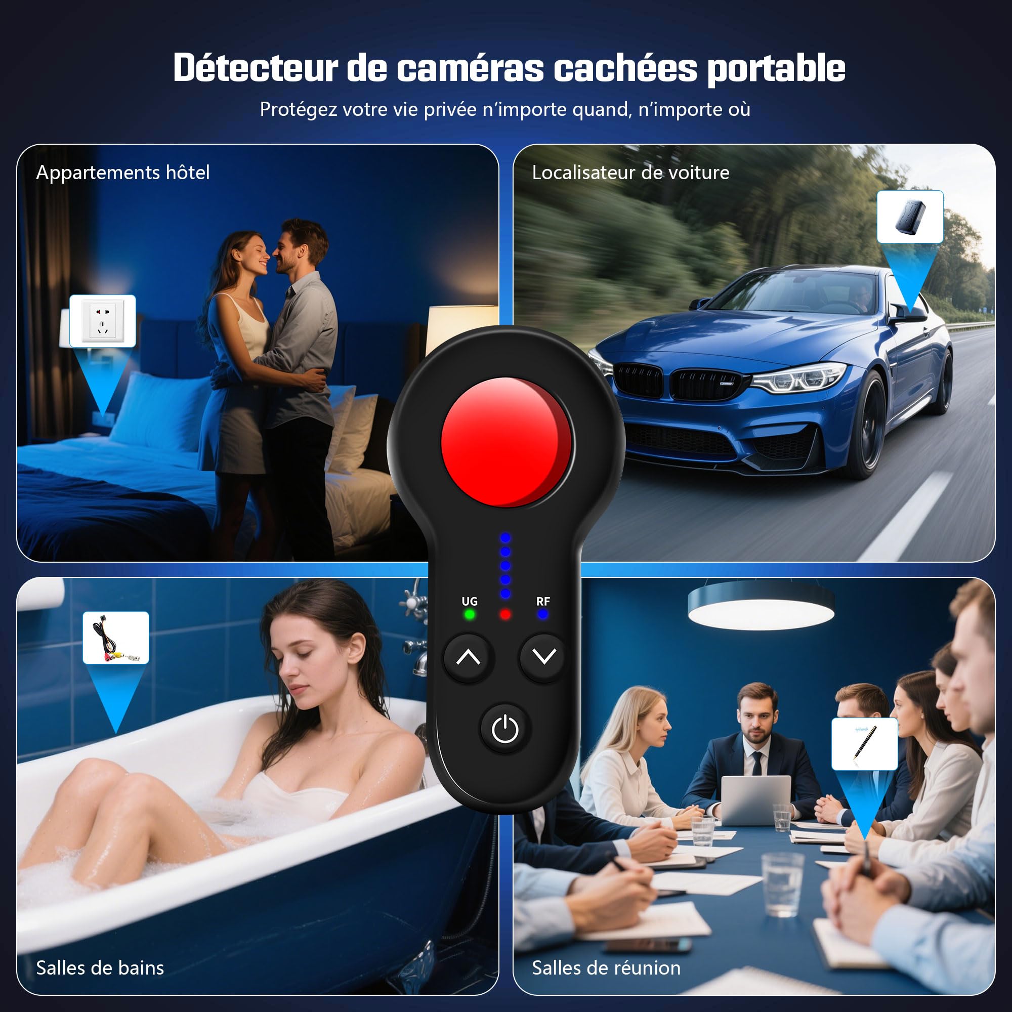 Détecteur de Caméra Cachée, Micro Espion Détecteur, Detecteur de Camera, 5 Niveaux de Sensibilité, Détecteur d'Écoute Anti-espionnage pour Hôtel, Maison, Voiture, Bureau, Voyage