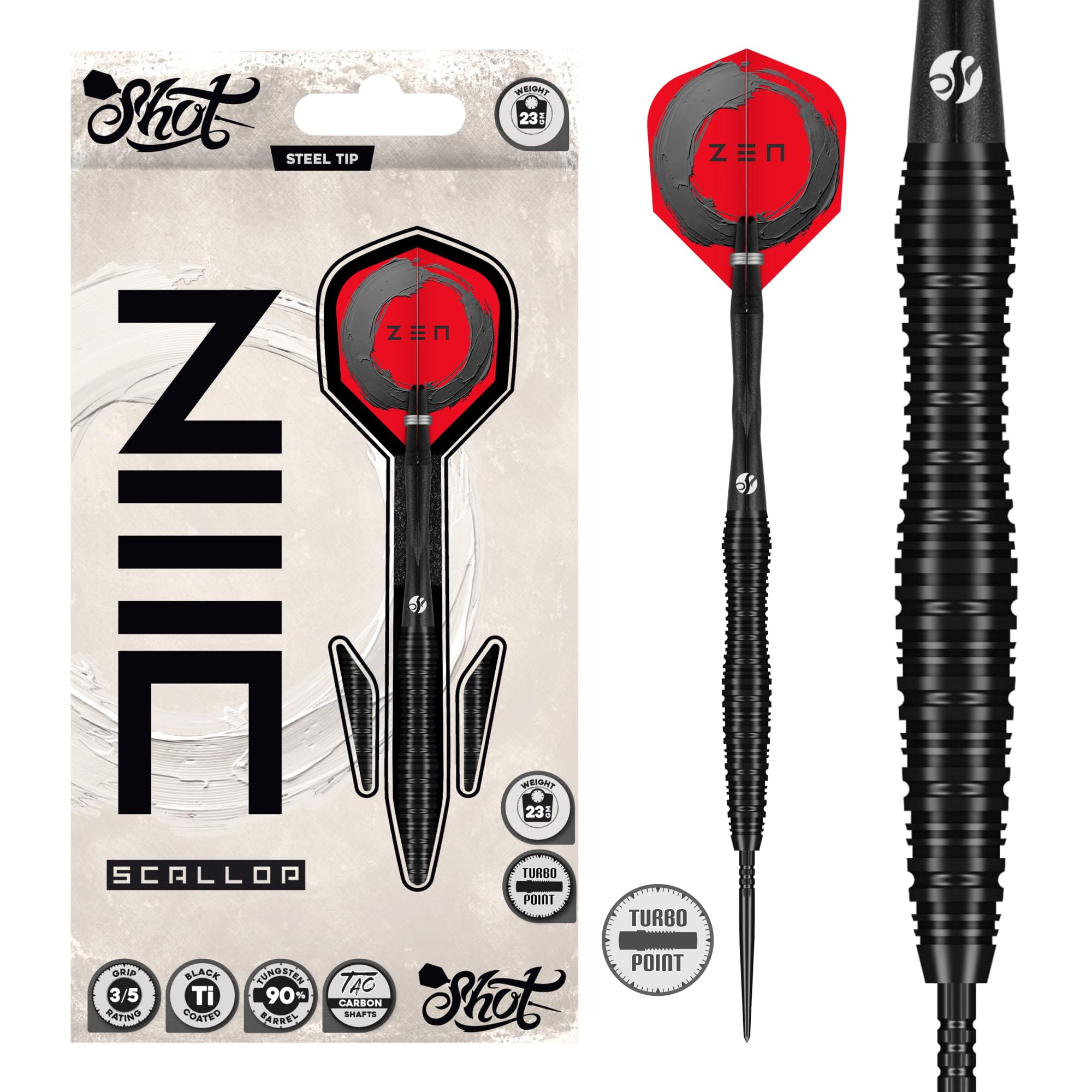 Shot! Zen Scallop Steel Tip Dart Set-90% Tungsten Barrels, Tungsten Barrels Handcrafted Professional Dart Set & Flights, Steel Tip Darts for Bristle Dartboard