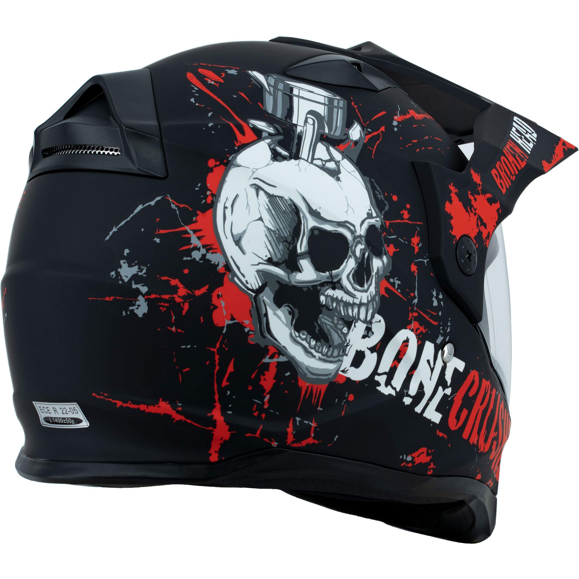 Broken Head Bone Crusher Motocross-Helm Rot mit Visier - Enduro MX Cross-Helm - Motorradhelm mit Sonnenblende