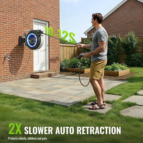 Hose Reel, PATOOLIO Auto Reel 30+2m Wall-Mounted, Retractable Garden Hose Reels, Auto Rewind, Self-Locking System, 180° Pivot Swivelling, 10 Function Spray Gun, Black - 4