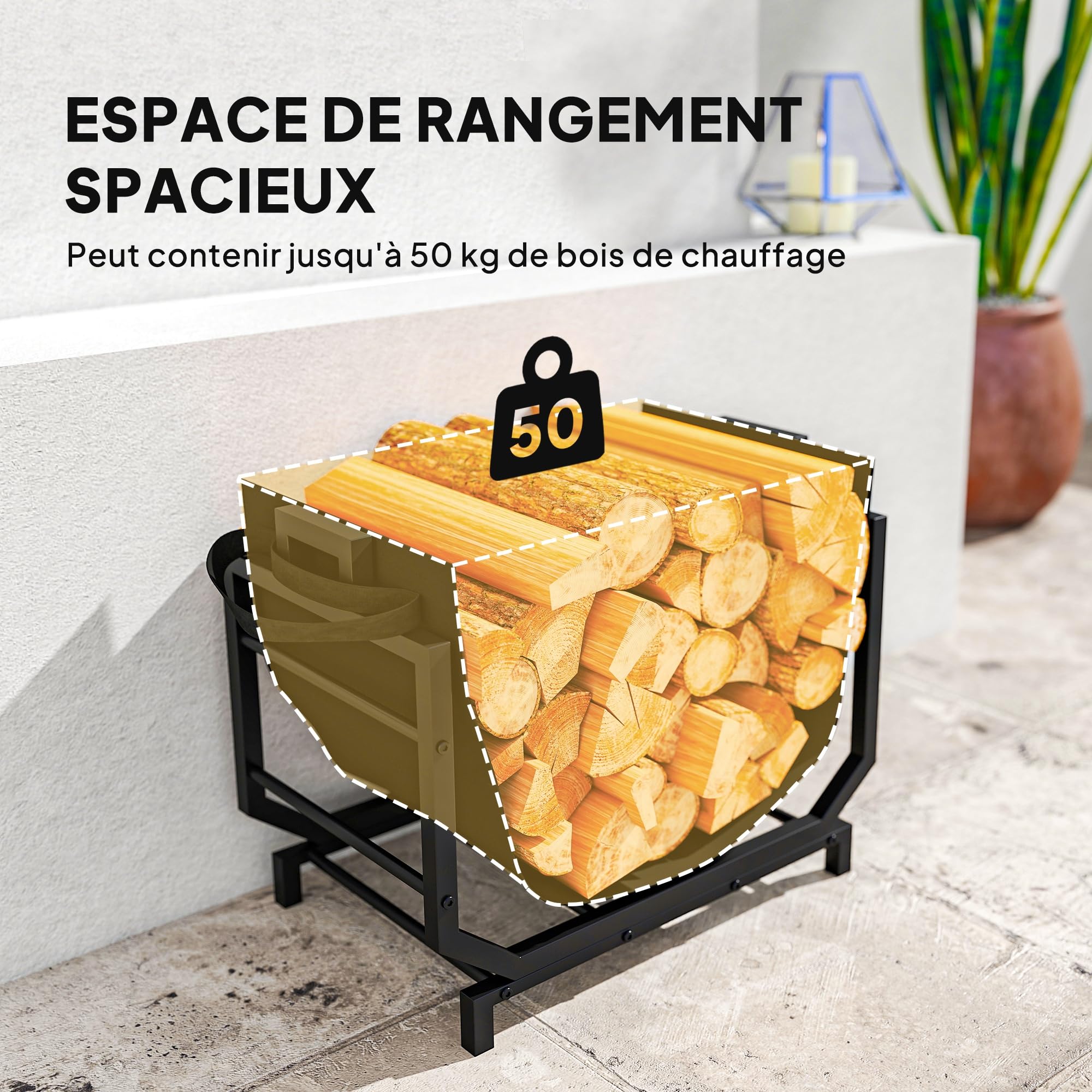 Outsunny Range-bûches Porte Buche Sac de Transport 53 x 33 x 43 cm Noir