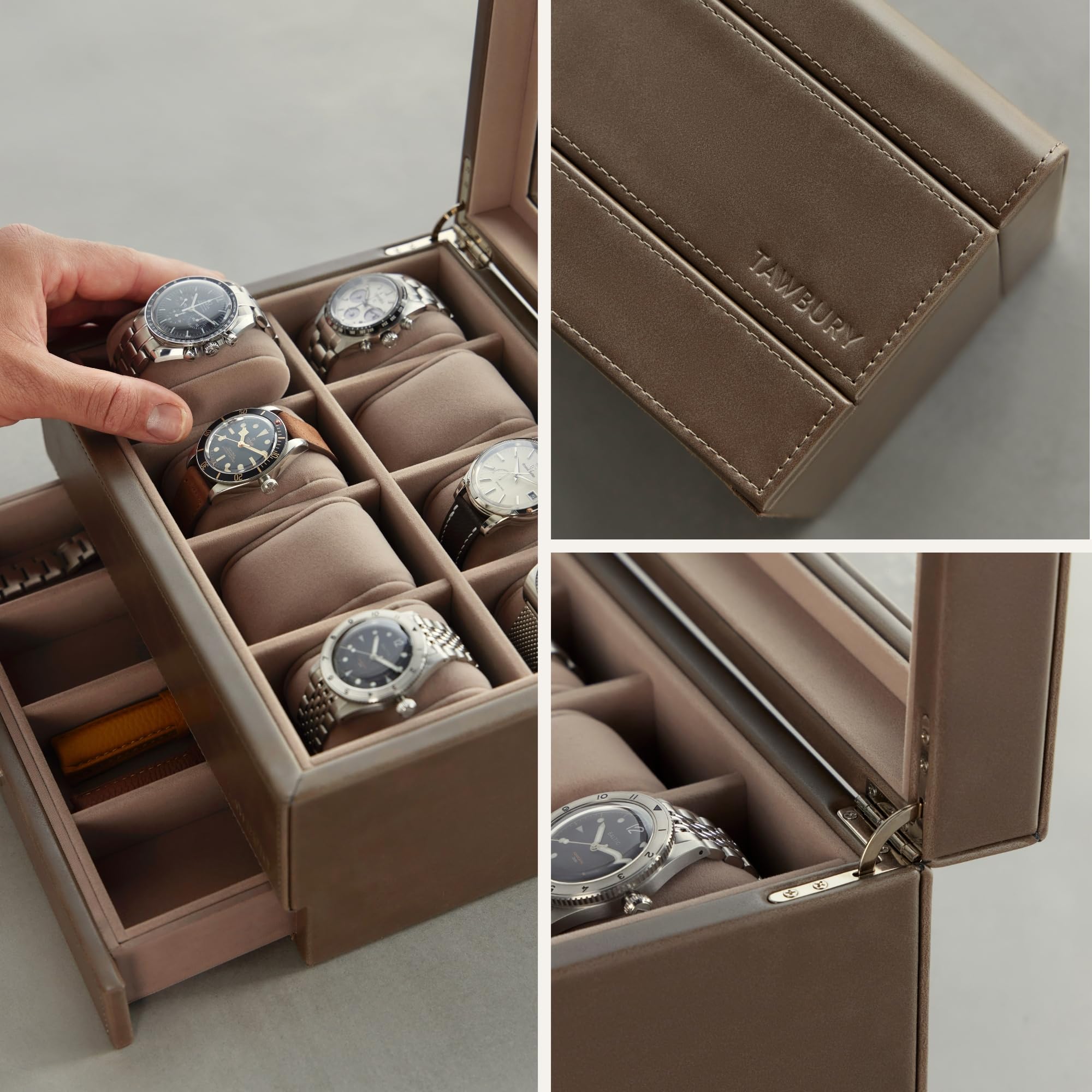 TAWBURY Caja de reloj de 8 ranuras, unisex, con cajón de almacenamiento, pantalla de cristal real y almohadas extra anchas para relojes grandes (gris pardo)