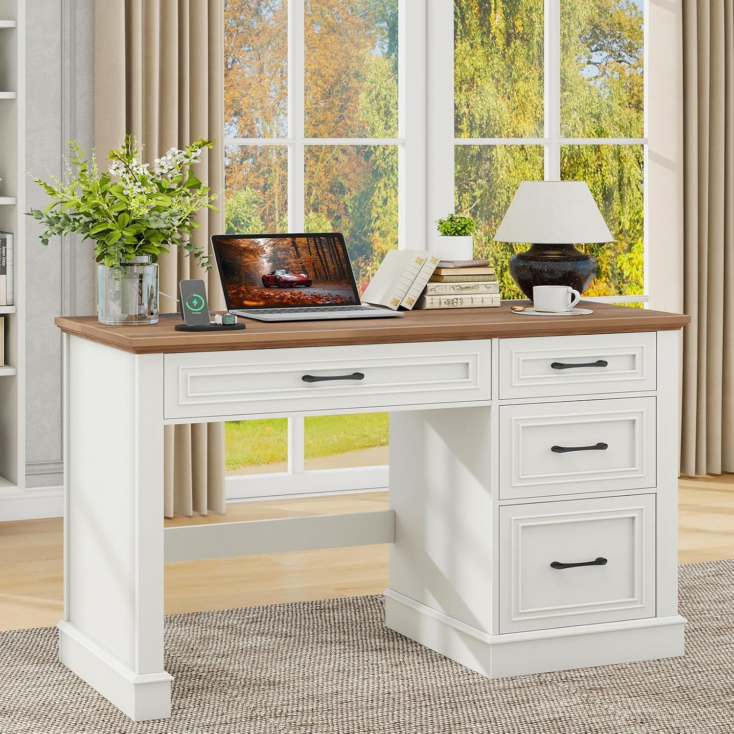 Vabches Farmhouse 47" Executive Desk, Computer Desk with Drawers and File Drawer, Workstation Computer Desk with Charging Station for Home Office,Study,Unique White.