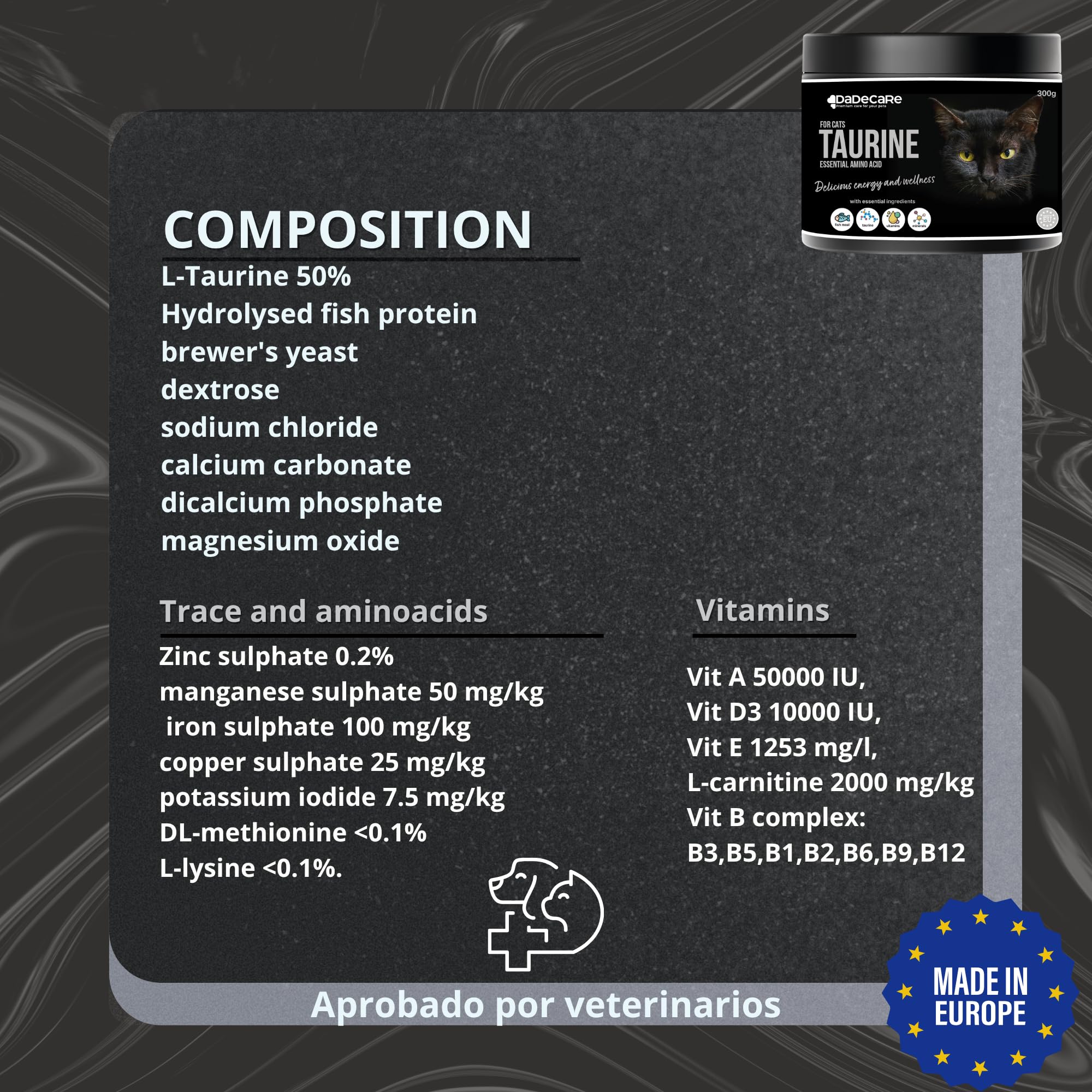 Taurin 300 g w smaku ryby dla kotów – format proszku – z witaminami i minerałami | Zdrowie serca, wzroku i układu odpornościowego | wysoka przyswajalność