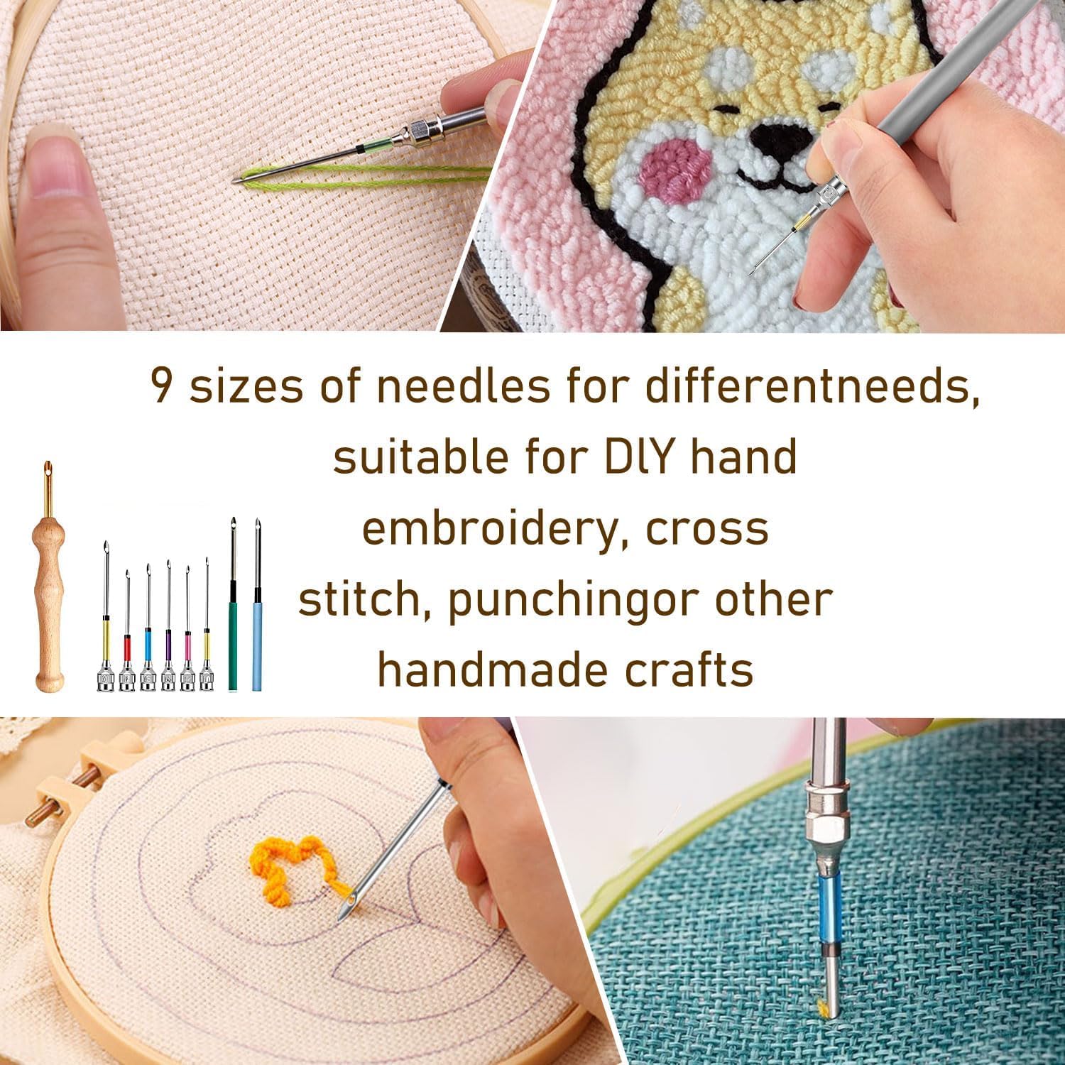 TecoKart 22PCS Punch Needle Set - 9 Sizes, Needle Threader, Wooden Handle Embroidery Pen, Floss Winding Board, DIY Sewing Tools 2