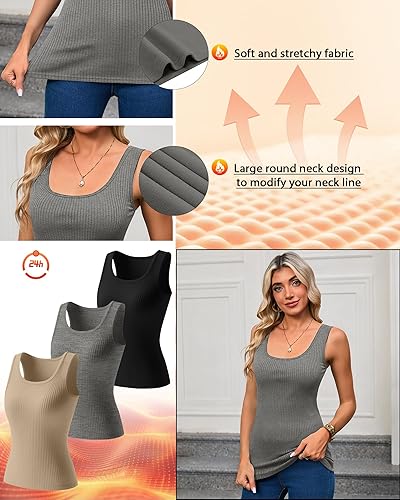Miniatura 3 de Paquete de 3 camisetas térmicas sin mangas acanaladas para mujer, de forro polar de algodón, cuello redondo, ajustadas, capa base de camisola