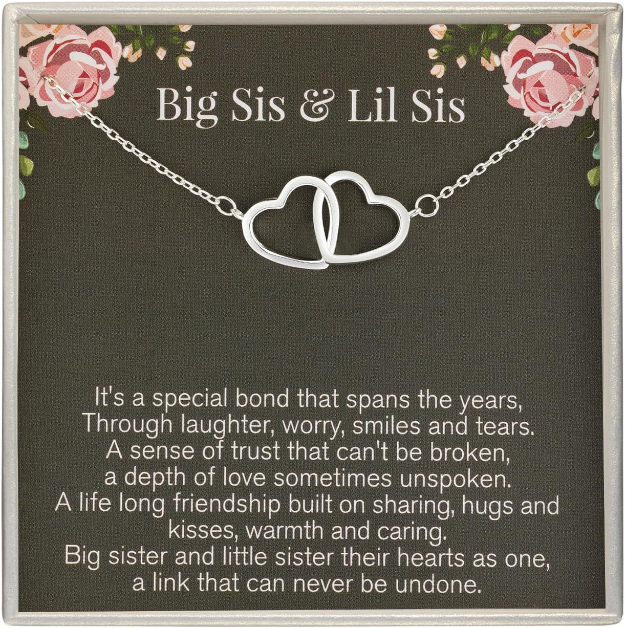 RareLove Sister Necklaces for Women,Big Sis Lil Sis Gift Necklace for Sister Birthday 925 Sterling Silver Interlinked Double Heart Necklace