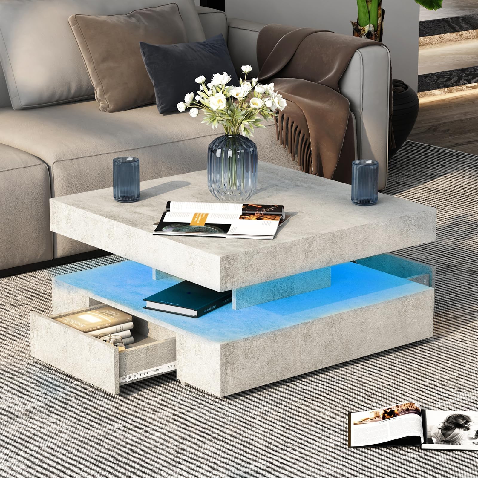 KEEPREAPER Grey LED Coffee Table with 2 Storage Drawers for Living Room