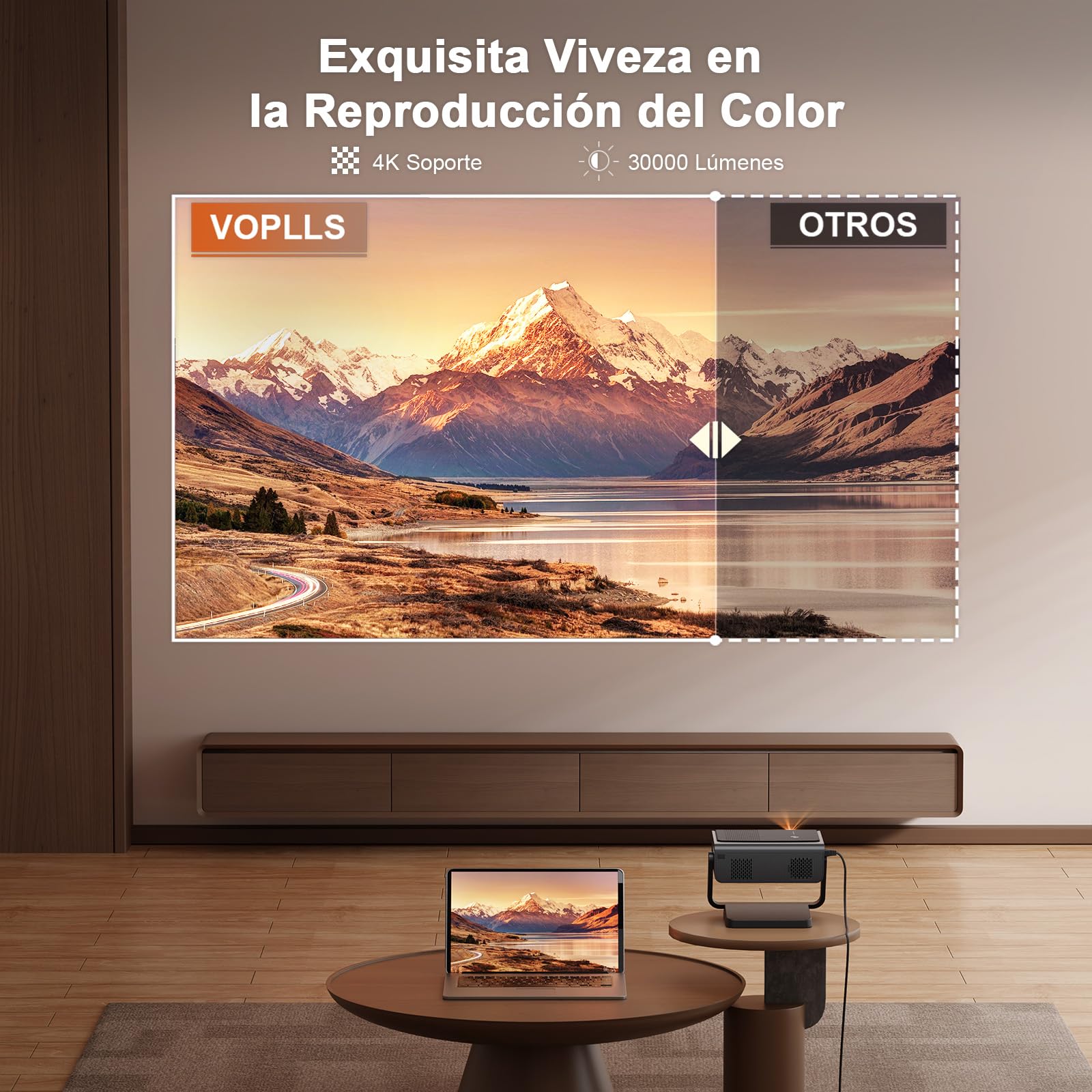 【App Oficial & Auto Focus/Keystone】 30000 Lumen Smart Proyector 4K Soporte WiFi 6 Bluetooth Full HD 1080P, VOPLLS Proyector Portatil con Dolby Audio Projector Cine en Casa para iOS/Android