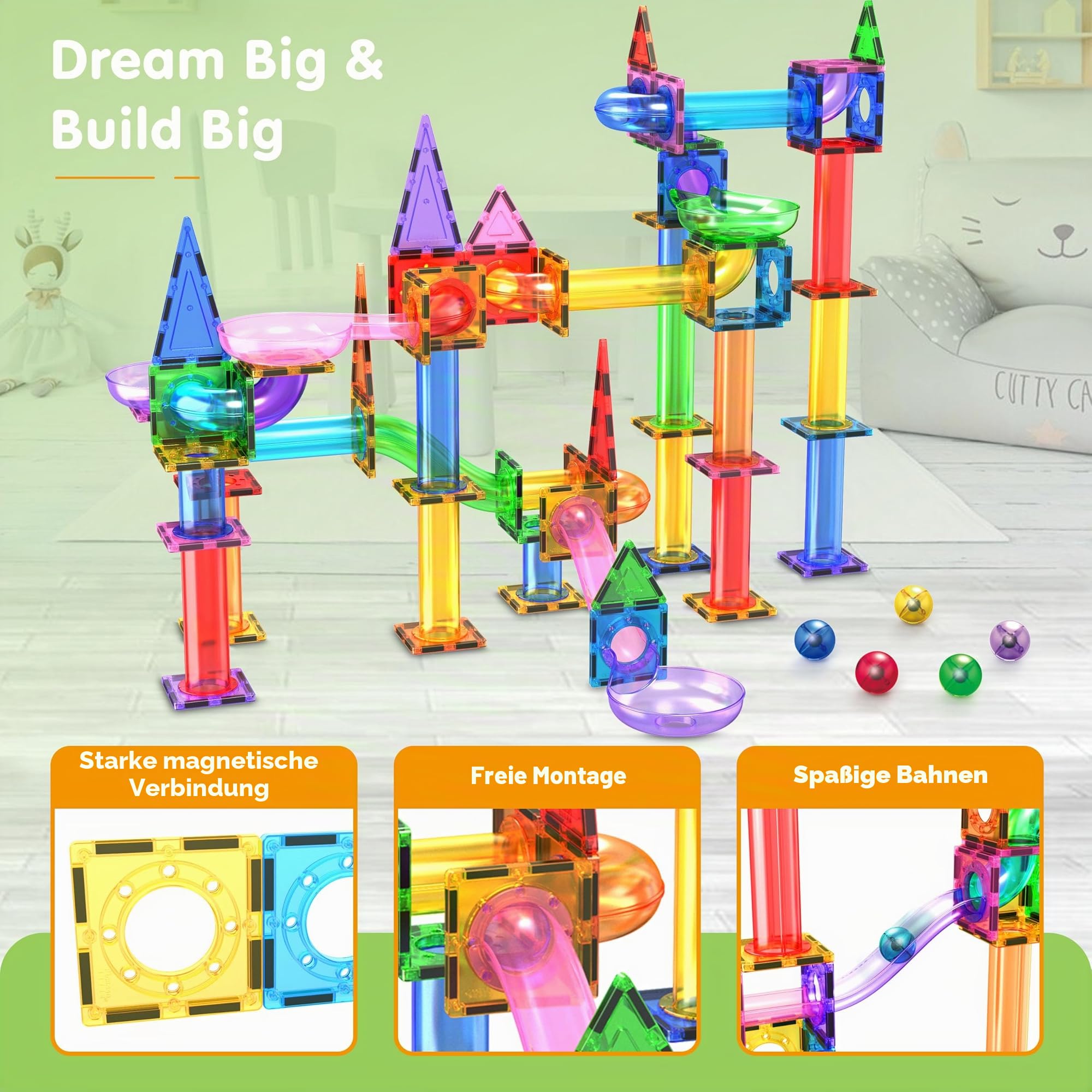 PicassoTiles 150-teiliges Marble Run Magnetfliesen-Set, STEM Kugelbahn 3+ | BPA- und bleifrei, 10 geometrische Formen, fördert Hand-Auge-Koordination, regt Kreativität an, ideales Geschenk für Kinder