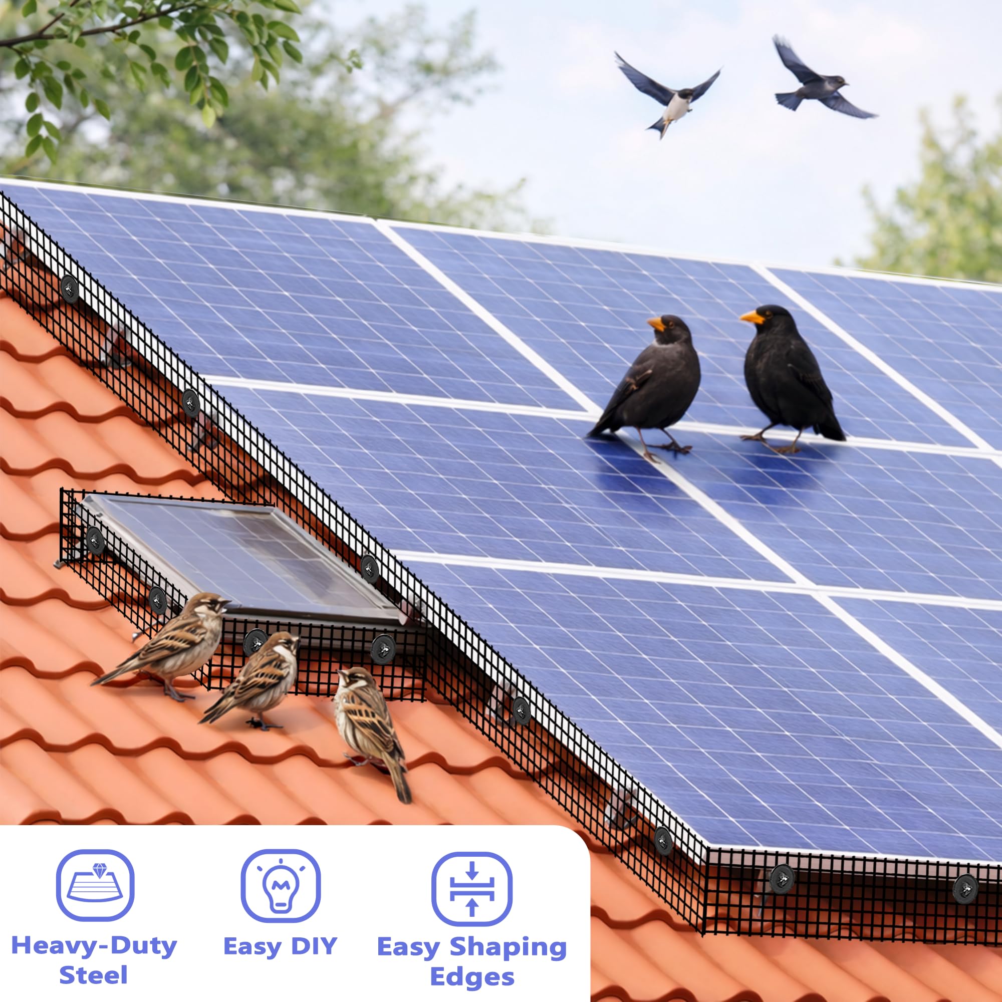 PROLEE Panneau solaire anti-oiseaux antirouille avec 100 clips de fixation pour toit - 15,2 cm x 30,5 m - Amovible sans dommages