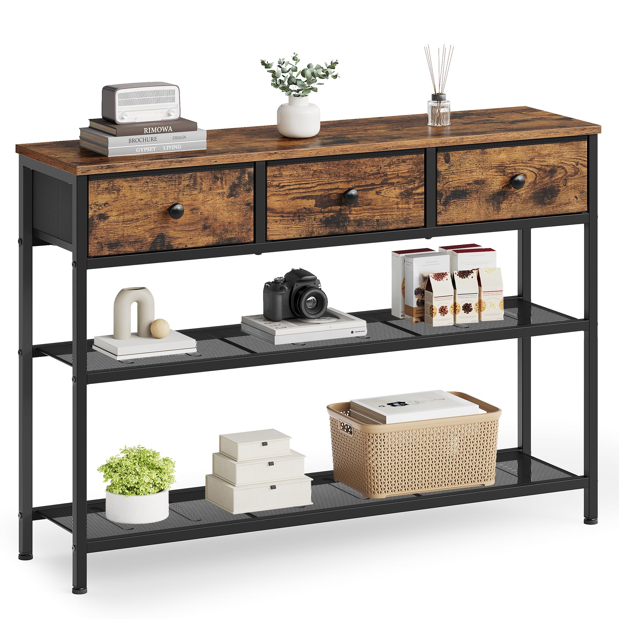 SONGMICS Collection โ Console Table, Narrow Sofa Table with 2 Mesh Shelves for Living Room, Hallway, 30 x 98.8 x 78.7 cm, 3 Fabric Drawers, Rustic Brown BELLAH LGS098K101