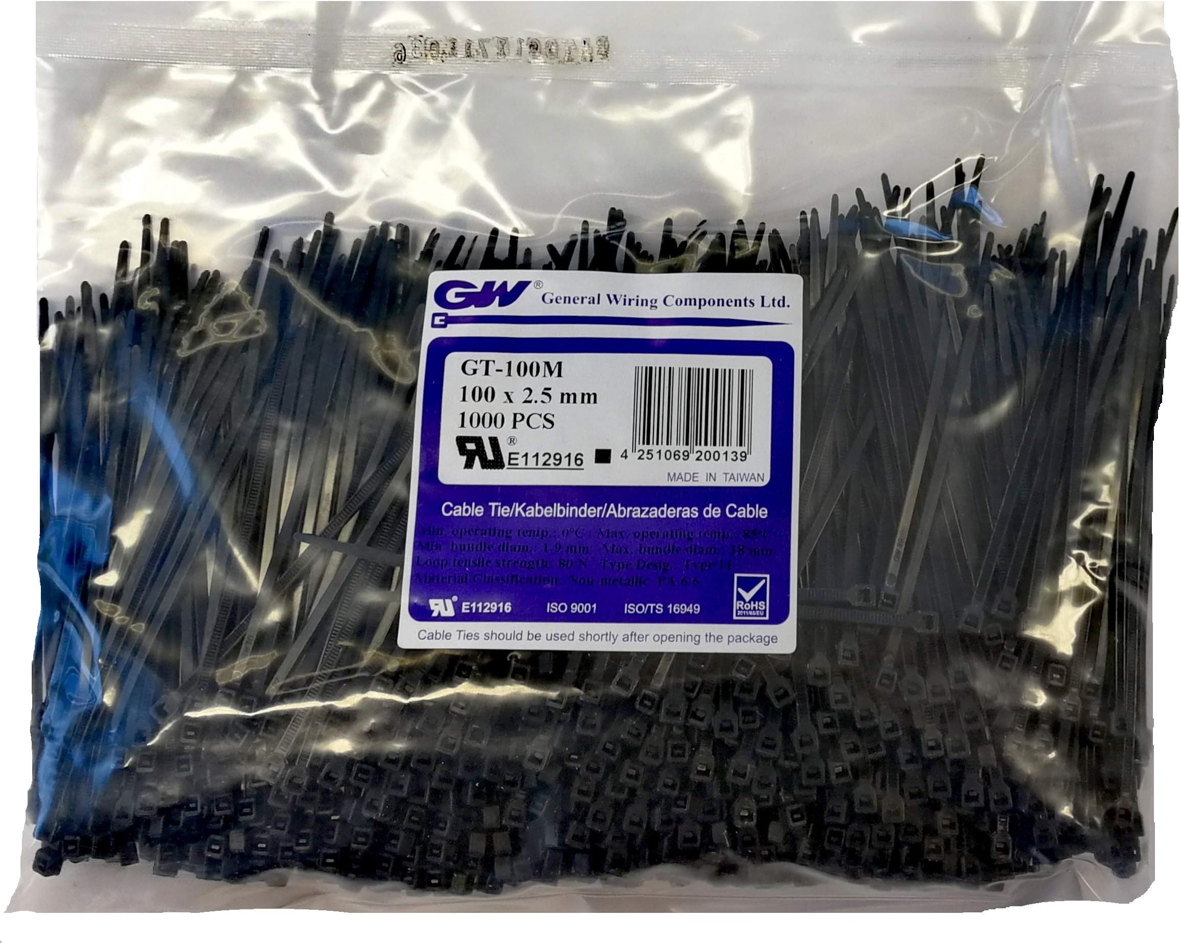 GW Wiring Products, Cable Tie 100 x 2,5 mm, Black, 1000 pcs, GT-100MB, Set of 1000 Pieces