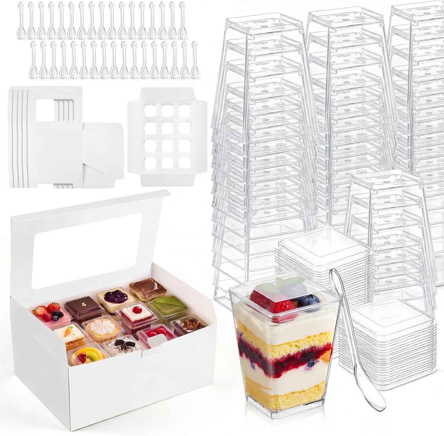 125 Pcs 5oz Dessert Cups with Lids, Spoons, 5 Shooter Boxes, Brown