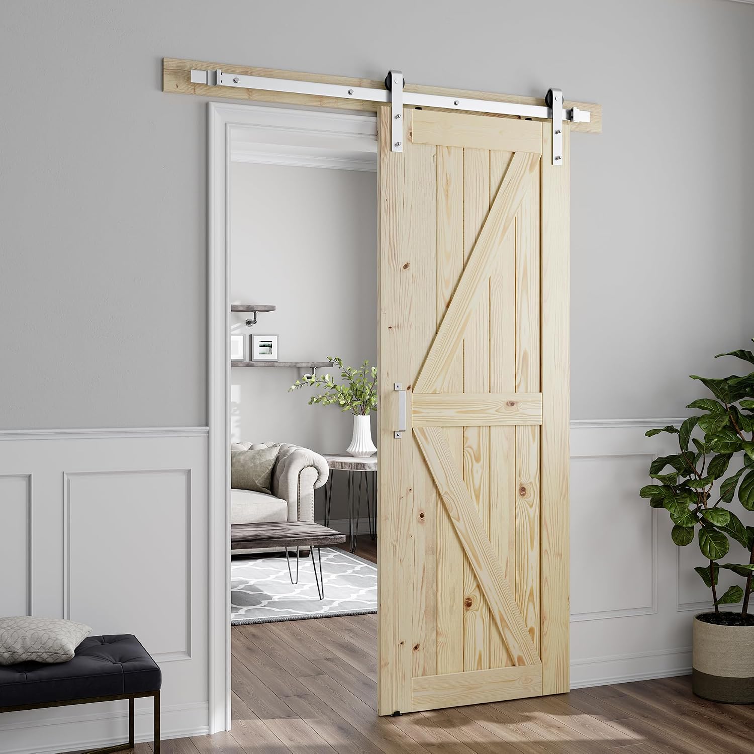 SMARTSTANDARD 24in x 84in Sliding Barn Door with 5FT Brushed Nickel Hardware Kit & Handle, A Simple Assembly is Required, DIY Unfinished Solid Spruce Wood Panelled Slab, K-Frame