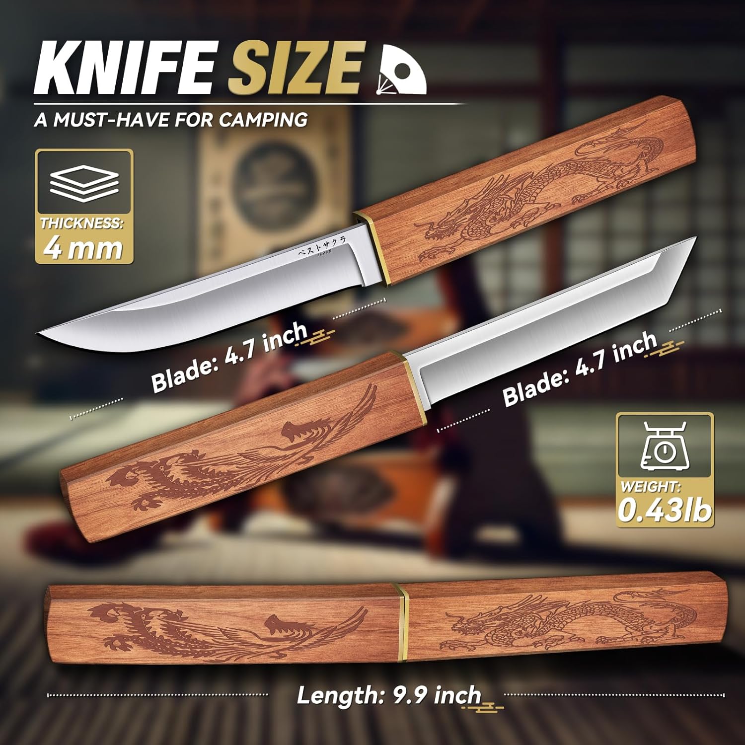 Purple Dragon Tanto Fixed Blade Knife,Outdoor Bushcraft and Survival Knife,Full Tang Outdoor Knives 2 in 1,Ideal for Camping,Hiking-Outdoor Knives Christmas Gift for Men and Women - Image 3