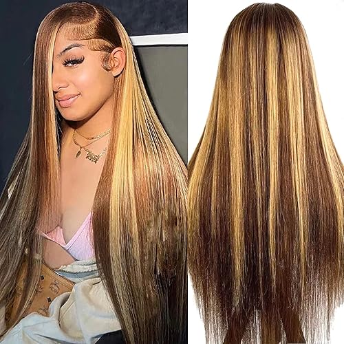 Highlight Ombre 13x4 Lace Front Wig Human Hair Pre Plucked HD Transparent 4/27 Honey Blonde lace frontal Wigs with Baby Hair 180% Density Colored Straight Lace Front Wig Human Hair for Women 30 inch