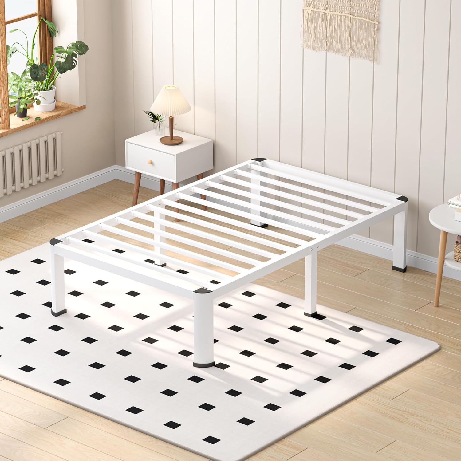 18 Inch White Twin Heavy Duty 3500 lbs Bed Frame with Round-Corner Legs & Anti-Squeak Design – Quick Assembly Metal Platform, No Box Spring Needed