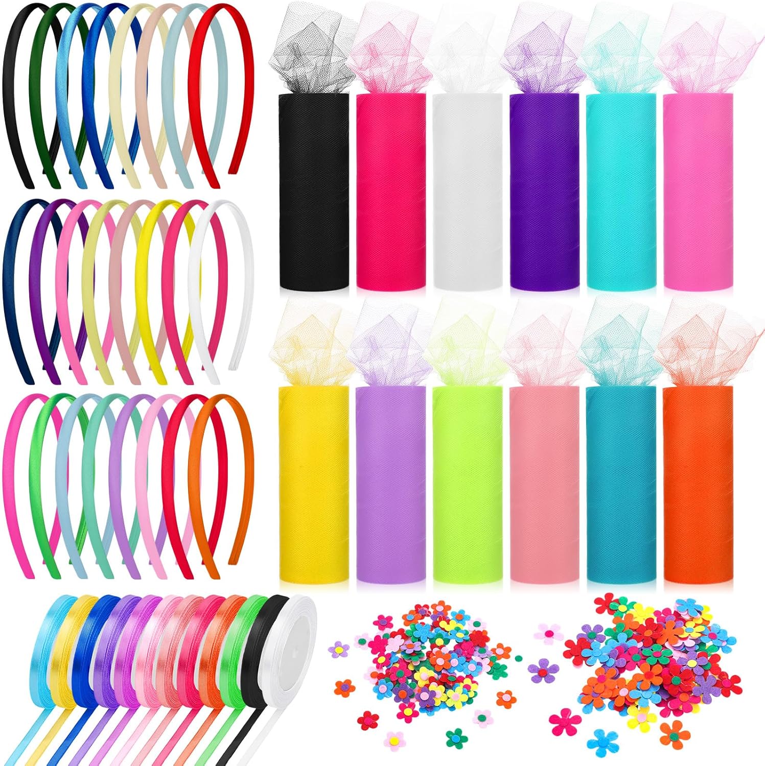 Thiccywoov 24 Pcs Rainbow Headbands 12 Pcs Tulle Mesh Fabric Rolls 200 Pcs Felt Flowers Embellishments for DIY Crafts 12 Pcs Colorful Satin Roll Ribbons for DIY Headbands Party Decoration