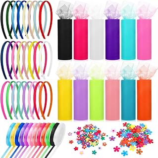 Thiccywoov 24 Pcs Rainbow Headbands 12 Pcs Tulle Mesh Fabric Rolls 200 Pcs Felt Flowers Embellishments for DIY Crafts 12 Pcs Colorful Satin Roll Ribbons for DIY Headbands Party Decoration
