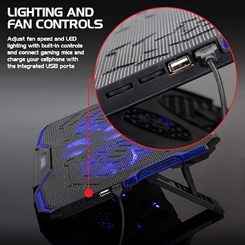 ENHANCE Cryogen Gaming Laptop Cooling Pad - Fits 17 in Computer- Adjustable Laptop Cooling Stand with 5 Quiet Cooler Fans, 2 USB Ports and LED Lighting - Slim Portable Design 2500 RPM (Blue)