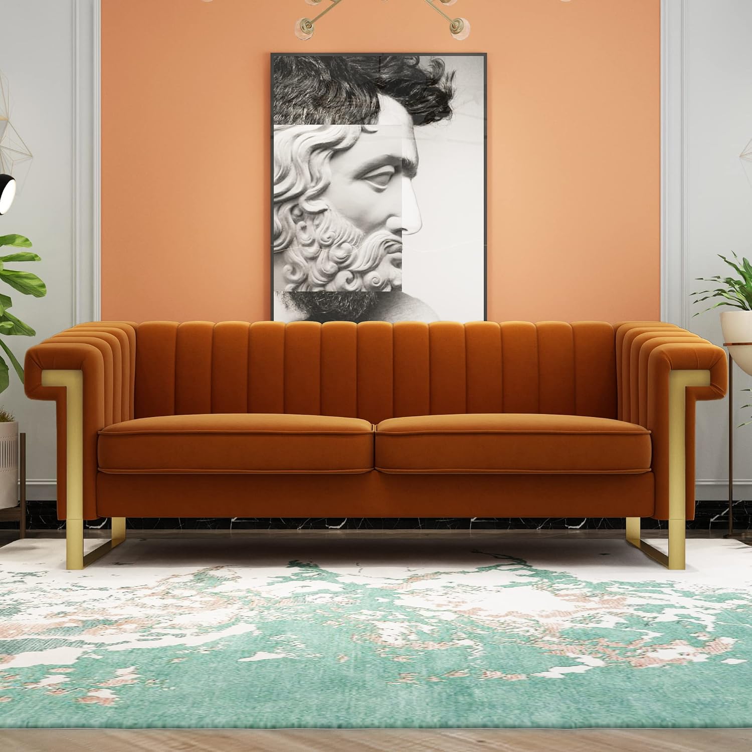 84 Inch Chesterfield Sofa, Mid-Century Modern Velvet Couch Sofa with Curved Arm and Gold Leg, Comfy Tufted Upholstered Large 3 Seater Couch with Removable Seat Cushion for Living Room, Orange