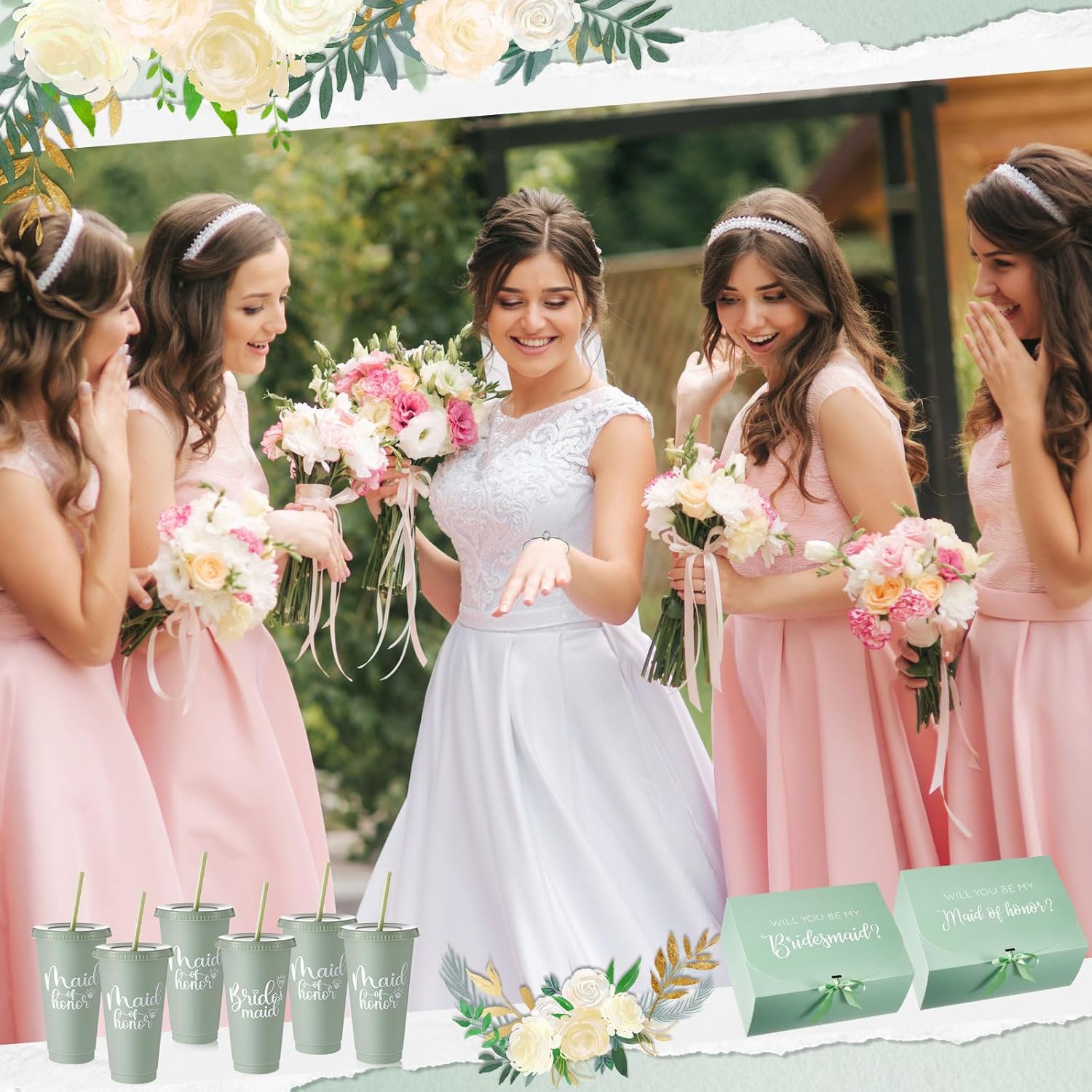 48 Pcs Bridesmaid Proposal Gifts Set, Maid of Honor Gifts Set from Bride, Will You Be My Bridesmaid Gift Box, 24 oz Tumbler Bridal Bachelorette Party Presents for Bridesmaids Wedding(Green)