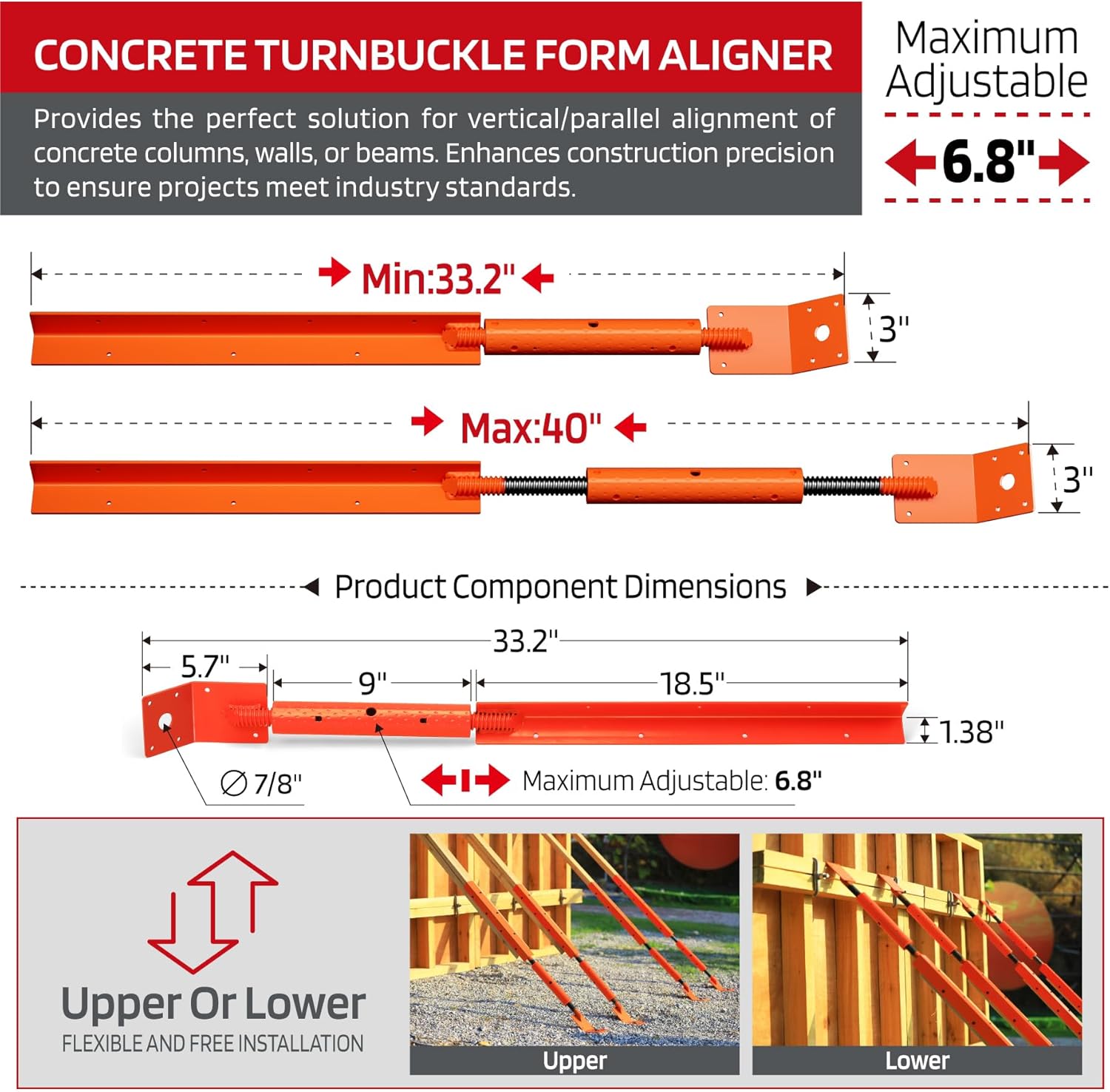 Adjustable Wall Turnbuckle Tensioner (Adjustable Length: 33.2"-40"), Heavy Duty Stainless Steel Concrete Wall Brace with Flat Plate 2Pack