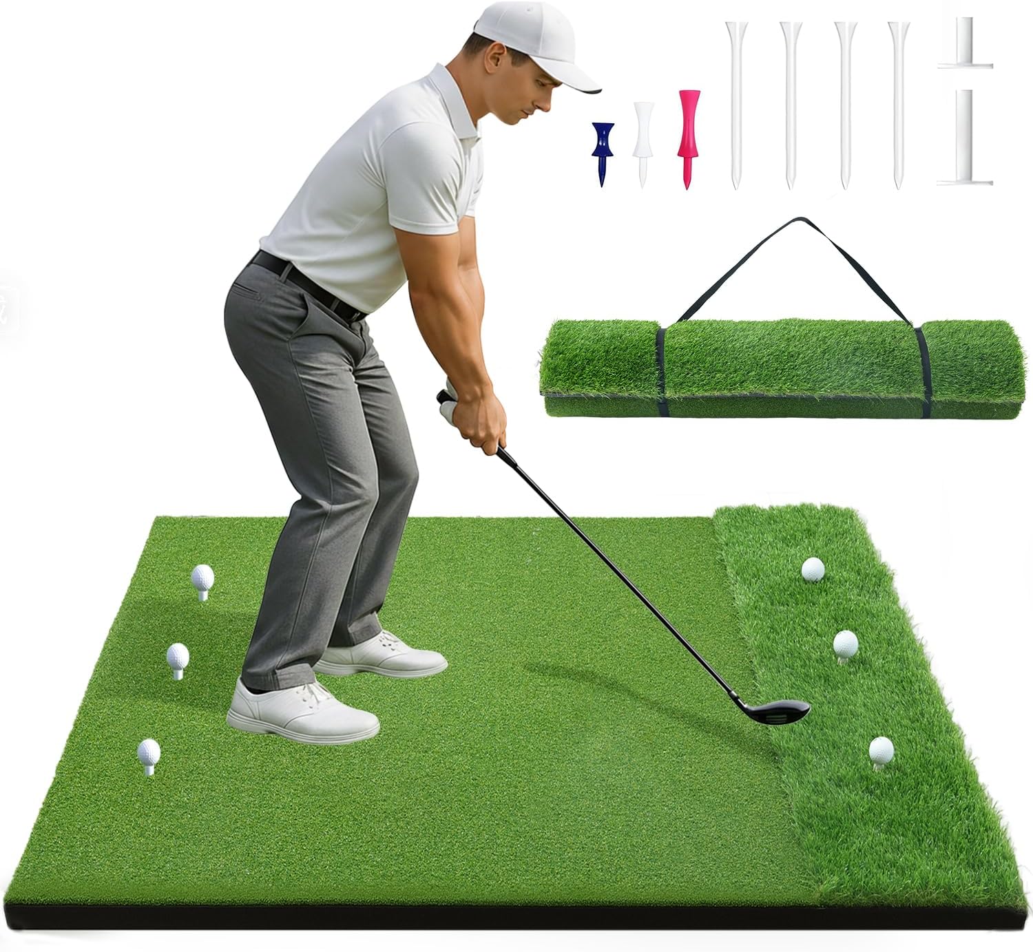 Golf Hitting Mats 31mm&55mm, 5x4ft/5x5ft Golf Mat Practice Outdoor & Indoor, Golf Practice Mat with 9 Tees, Heavy Duty Artificial Dual Turf Matt for Training Chipping Driving Swing Backyard Simulator