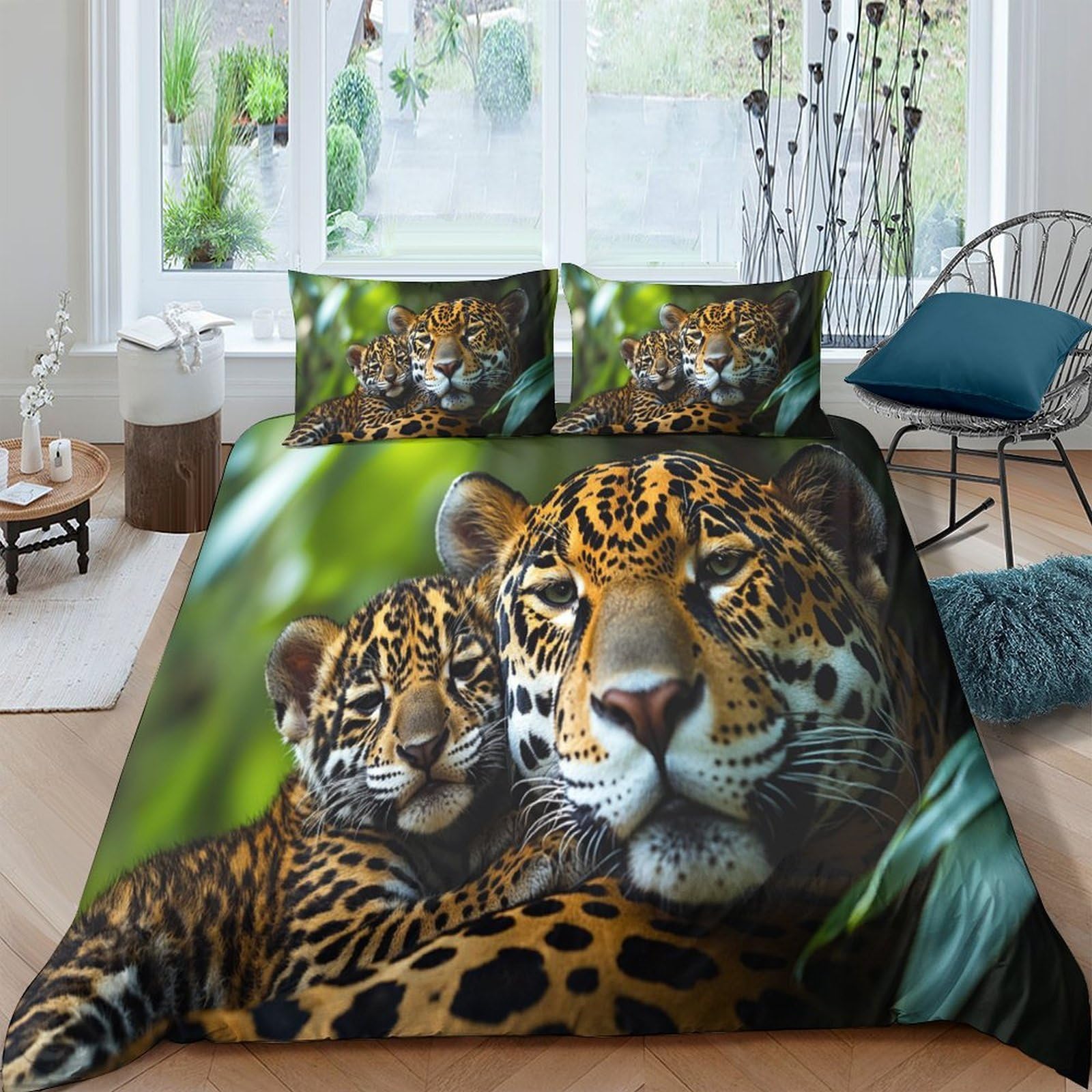 GPLZQXKJNH 3D Printed Leopard Jungle Duvet Cover Set Microfiber Soft Breathable Animal Bedding with 2 Pillowcases for Bedroom Décor Single（135x200cm）
