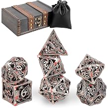 7PCS DND Dice Set, Premium Hollow Metal Polyhedral Dice with Treasure Chest & Dice Bag, Gift for Men & Women, Dungeons and Dragons, TTRPG RPG Tabletop Games Antique Silver Red Speckles