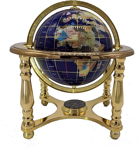 10 Tall Azul de Lapis Océano Table parte superior Mapa del Mundo Gemstone Globe con 4-leg Oro Soporte