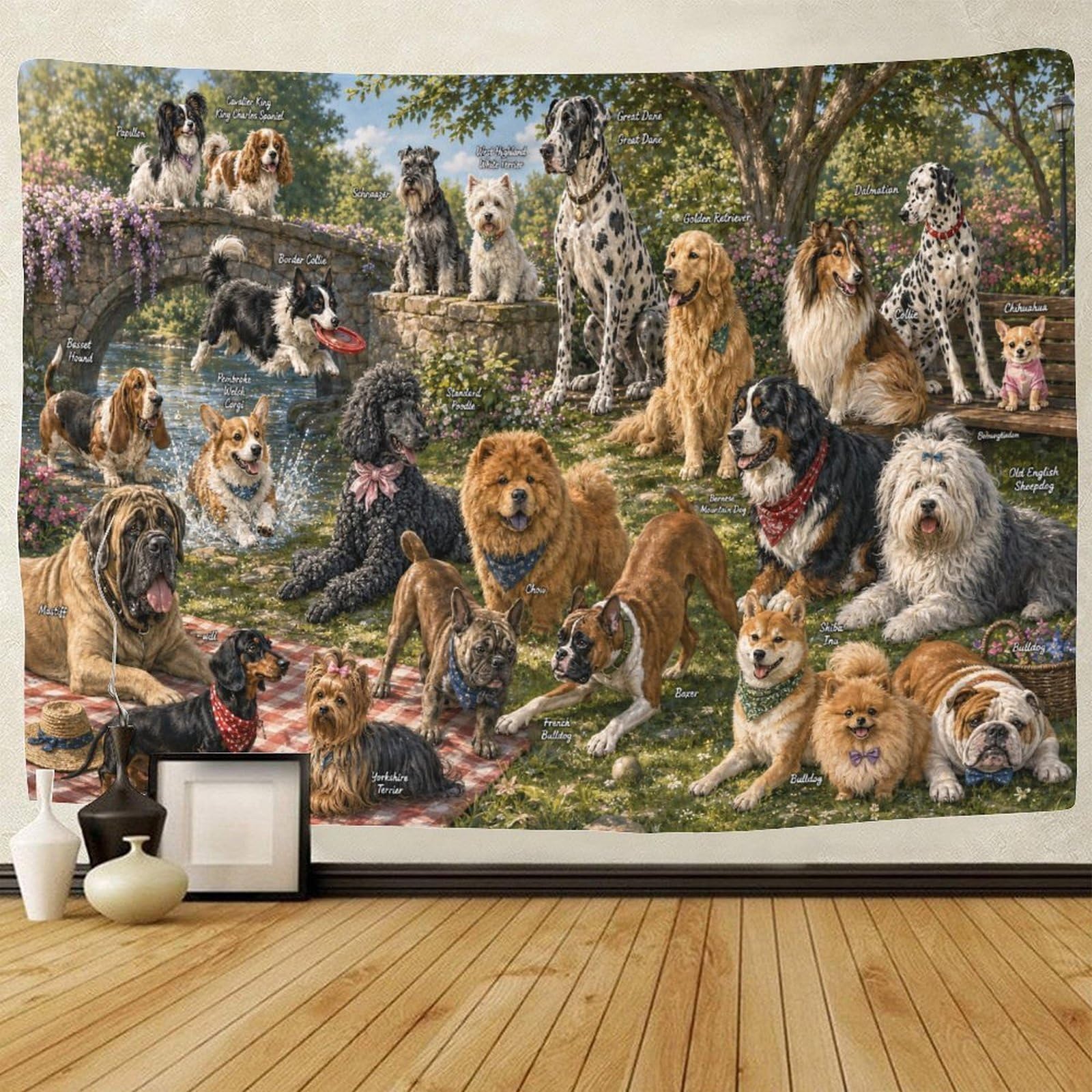 GPMNBCXZK Dog Breeds with Names Guide Wall Art Decor 3D Print Wall Tapestry Tapestries Poster Curtain Bedroom College Dorm 150cmx200cm
