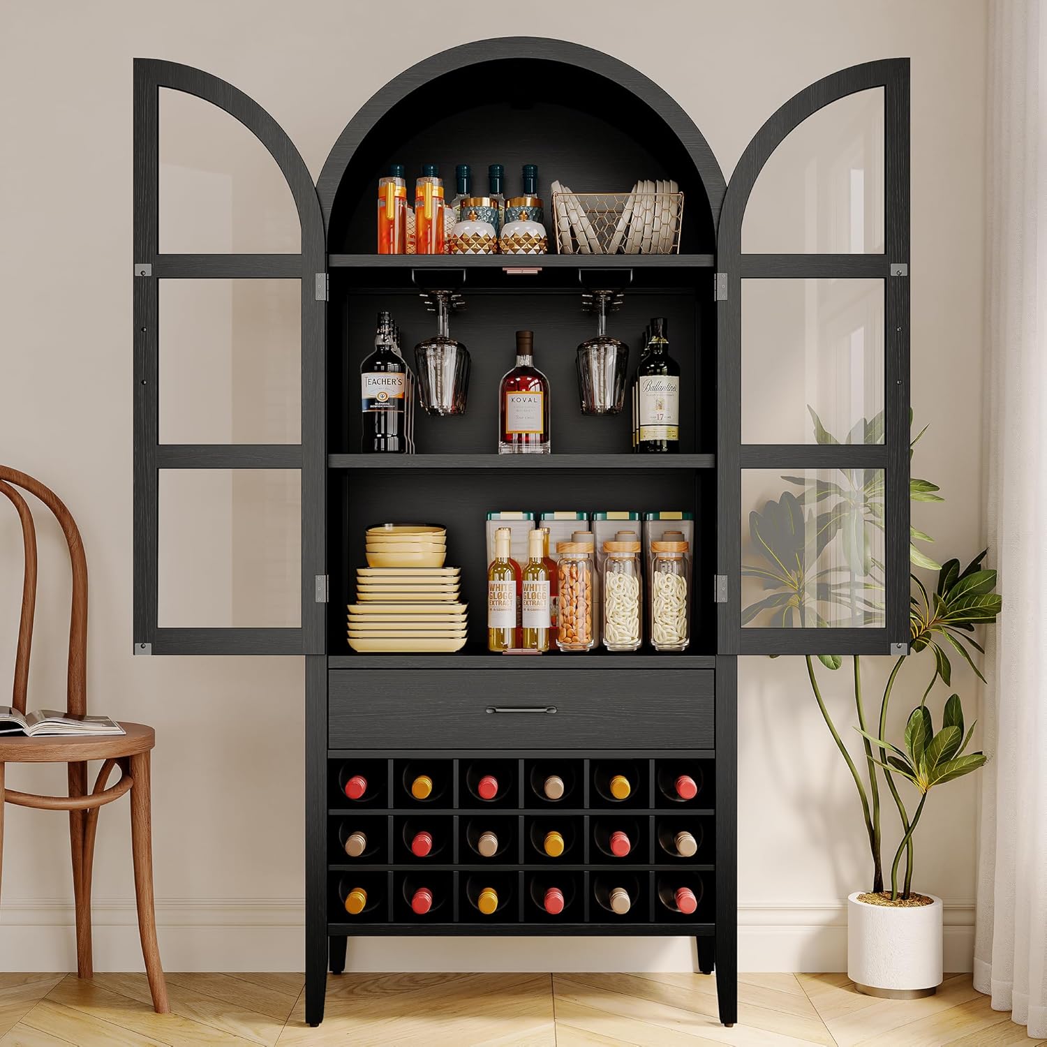 ONBRILL 71" Tall Arched Wine Bar Cabinet with Storage, Bar Cabinets with Doors and Shelves, Liquor Cabinet for Home, Kitchen Pantry for Dining Living Room (Black)