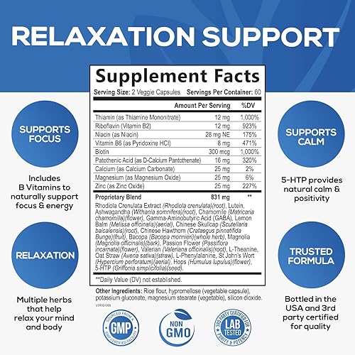 Miniatura 2 de Apoyo natural para calmar, descansar y relajarse, Ashwagandha, GABA, magnesio, L-teanina y más, enfoque natural, energía y apoyo inmunológico, sin