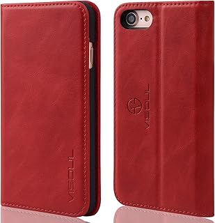 VISOUL Phone Case Wallet for iPhone SE 2nd Generation, iPhone 8 and iPhone 7 Case Folio, Genuine Leather Magnetic Flip Case Cover with Card Holder for iPhone 8/7/SE (4.7 inch) (Red)