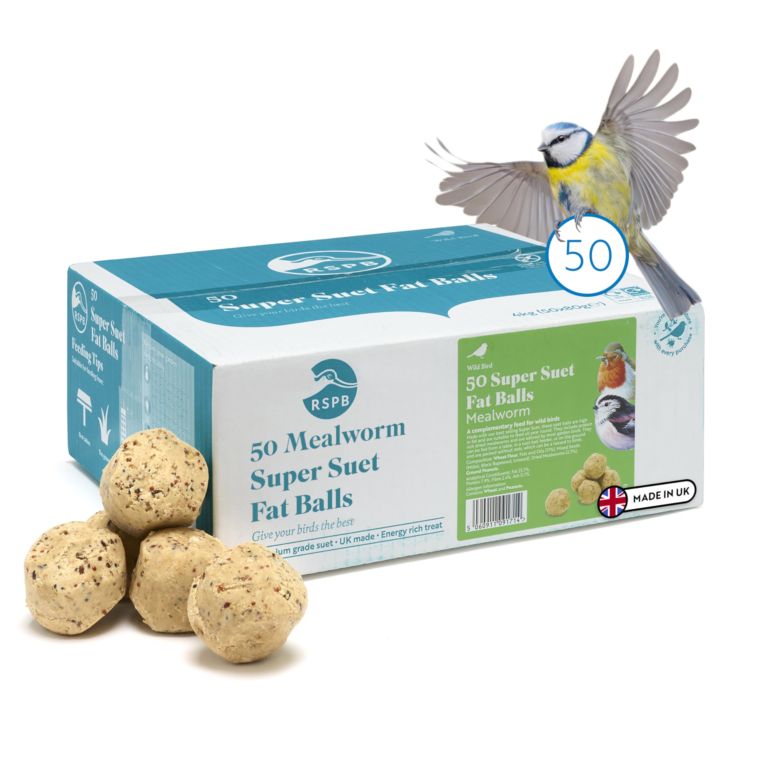 RSPB - Fat Balls, Bird Food for Outside Birds, High Energy Suet Balls with Mealworms, Made in the UK, Delicious and Nutritious, Suitable for Year-Round Feeding (Box of 50)