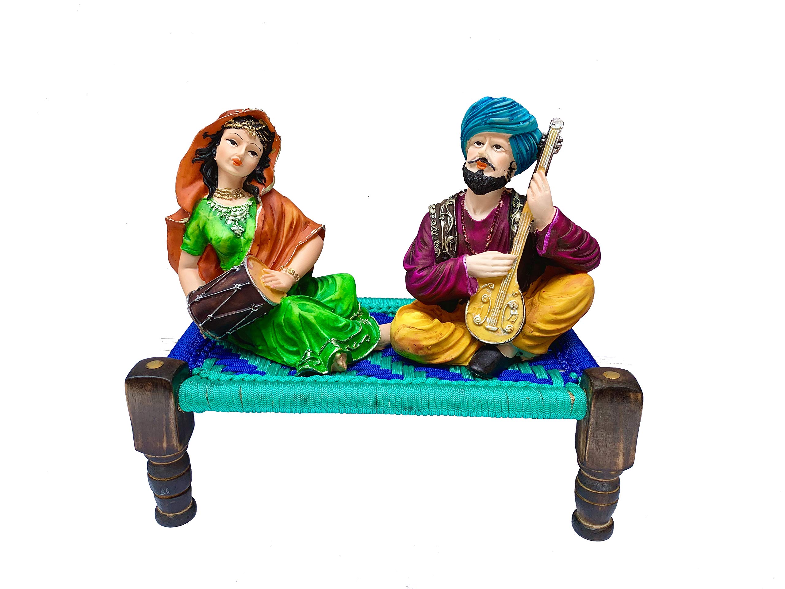 Maplecraft Resin Rajasthani Khat Couple Sitting On Khat Idols Statue Antique Showpiece Decoration Items Home Decor Gift/Office Showpiece/Living Room/Bed Room (Multicolour)