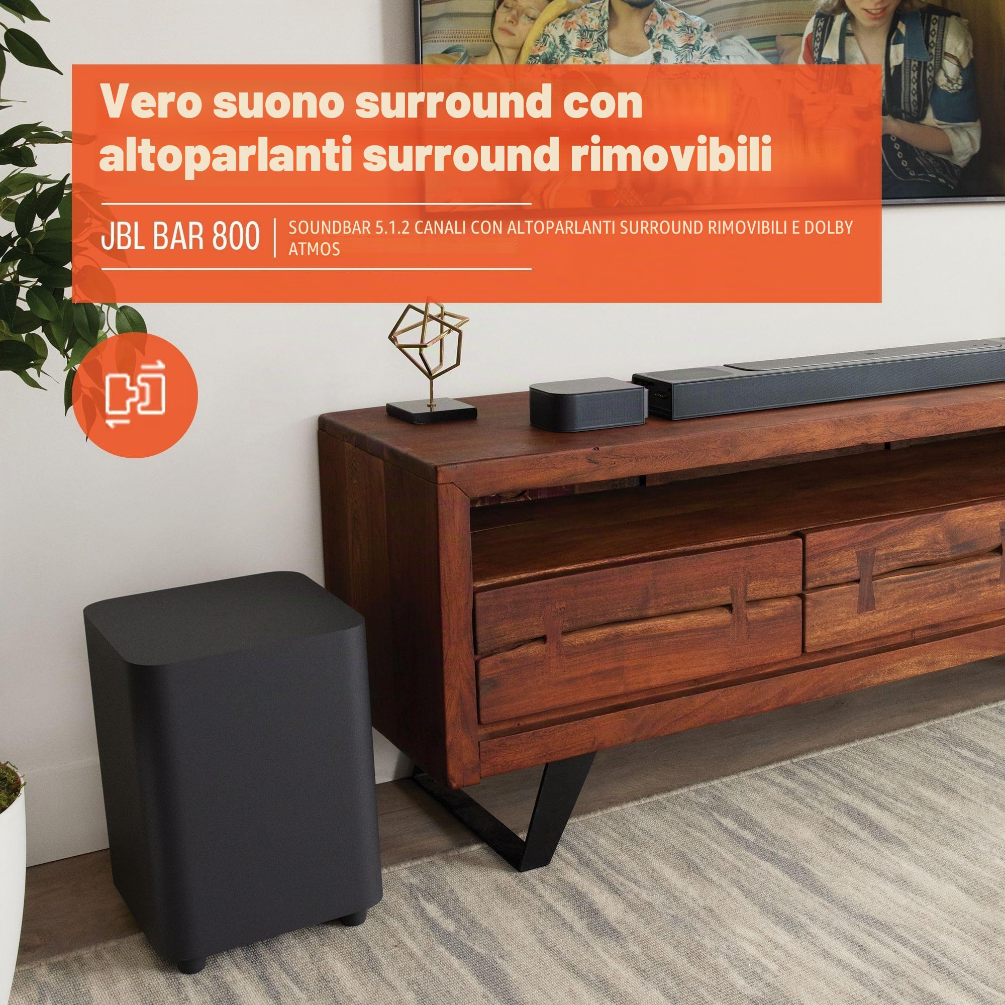 JBL Bar 800, Soundbar a 5.1.2 Canali per TV con Casse Altoparlanti Surround Rimovibili a Batteria, Telecomando, True Dolby Atmos, Connessione HDMI eARC con 4K Dolby Vision, 720 W, Nero