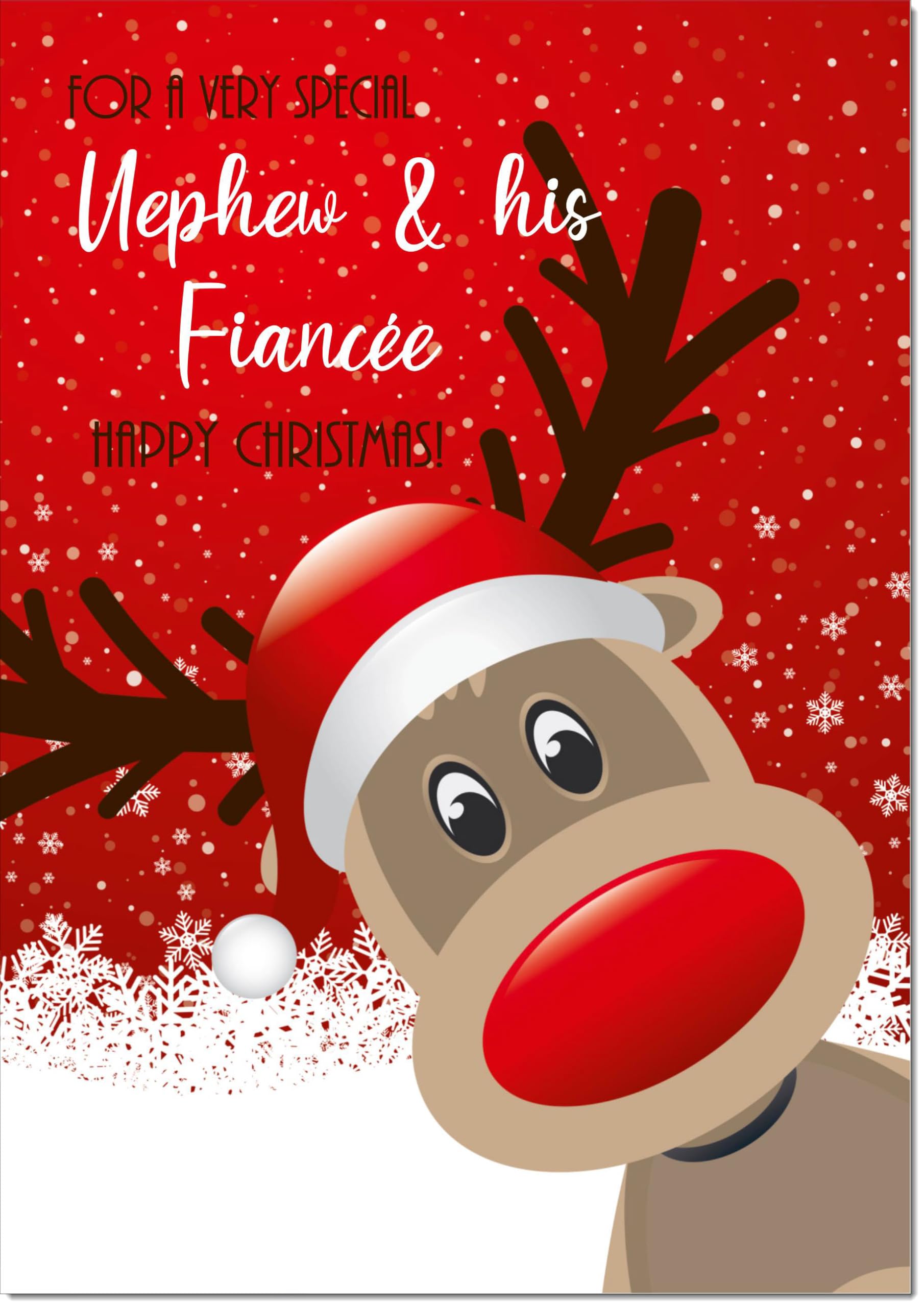 doodlecards Nephew and Fiancee Christmas Card Rudolph in Snow Large A4 Size Christmas Card for Nephew & Fiancee with Plain Envelope
