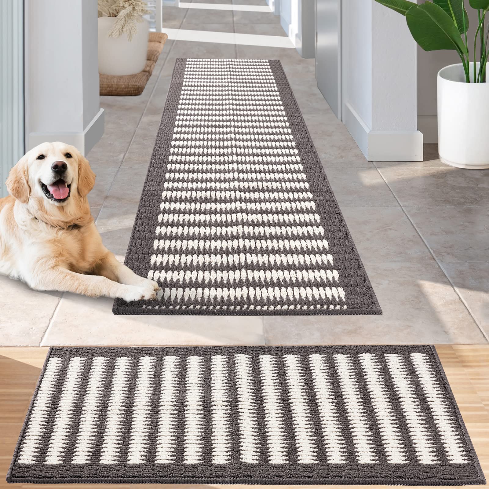 Timo Kitchen Runner Rug, 20"x32" +20"x63" Non Slip Rubber Backing Hallway Runner Rug, Absorbent Machine Washable Low Profile Small Runner Rug for Hallways Bedroom Entryway Laundry Room, Grey