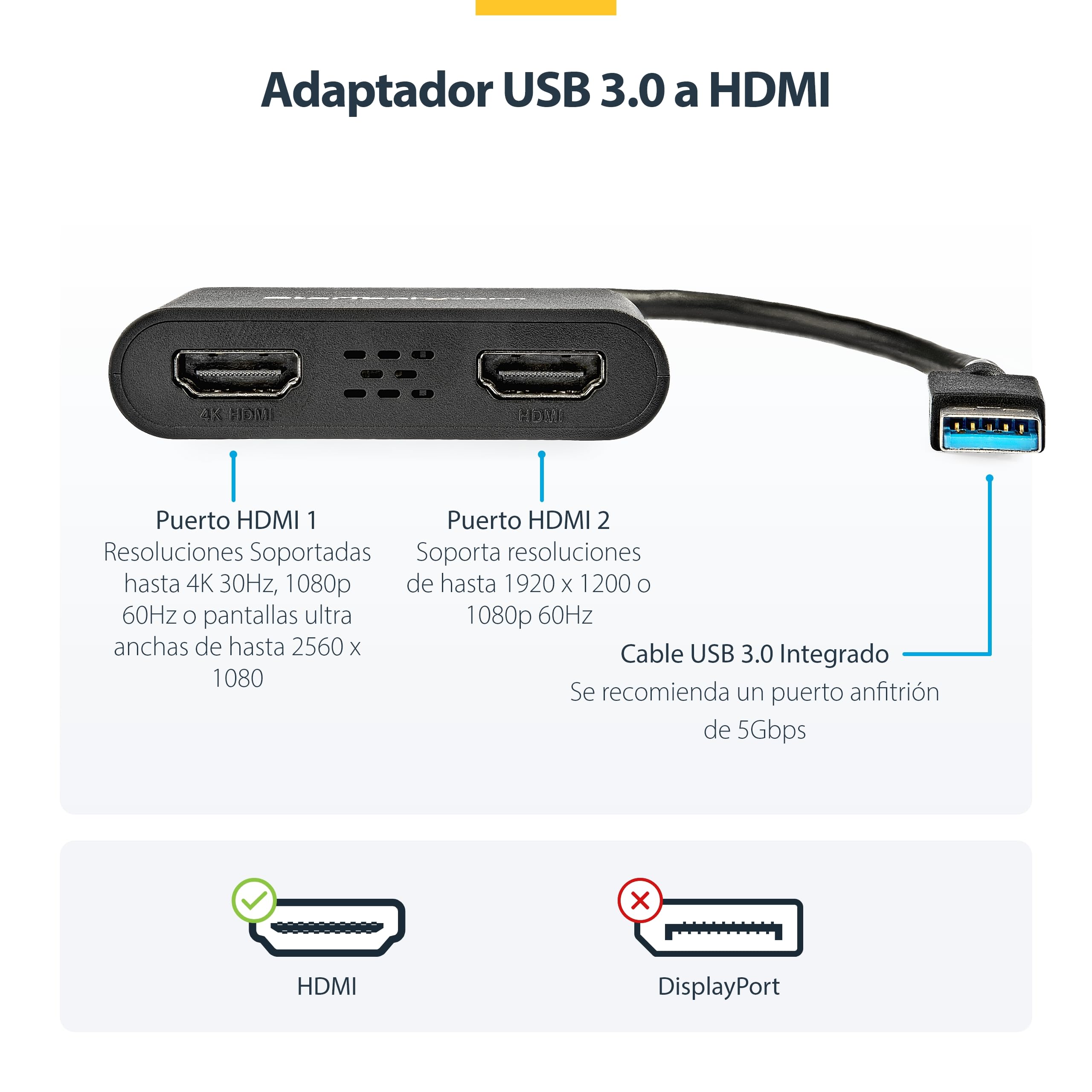 StarTech Adaptador USB-A 3.0 a HDMI Doble para Windows - Conversor de Vídeo USB a 2x HDMI de Dos Pantallas - 4K 30Hz + 1080p 60Hz - Configuraciones de Monitores Extendidos o Duplicados